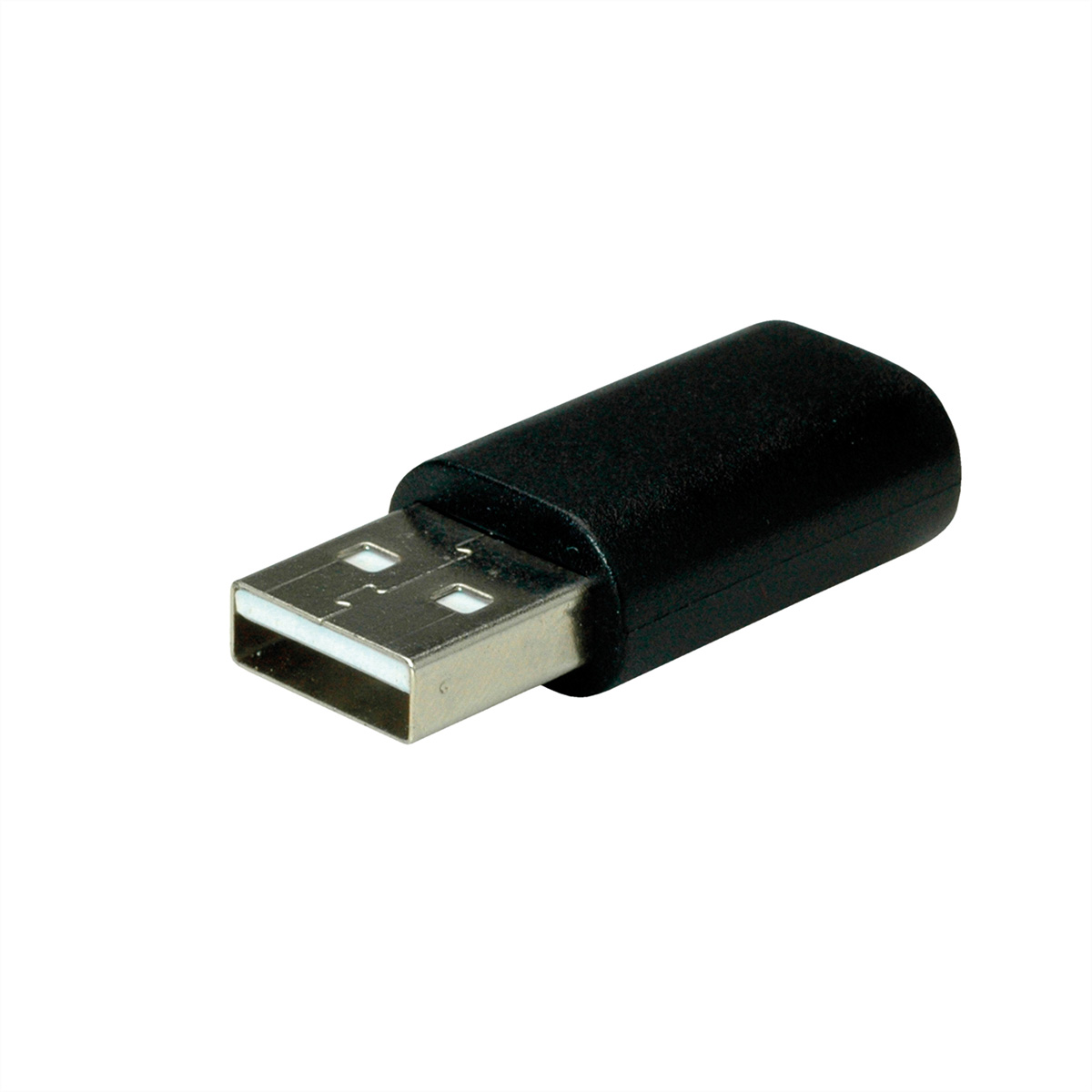 Adaptateur USB noir sur fond blanc. L'adaptateur a un corps rectangulaire et un connecteur USB argenté.