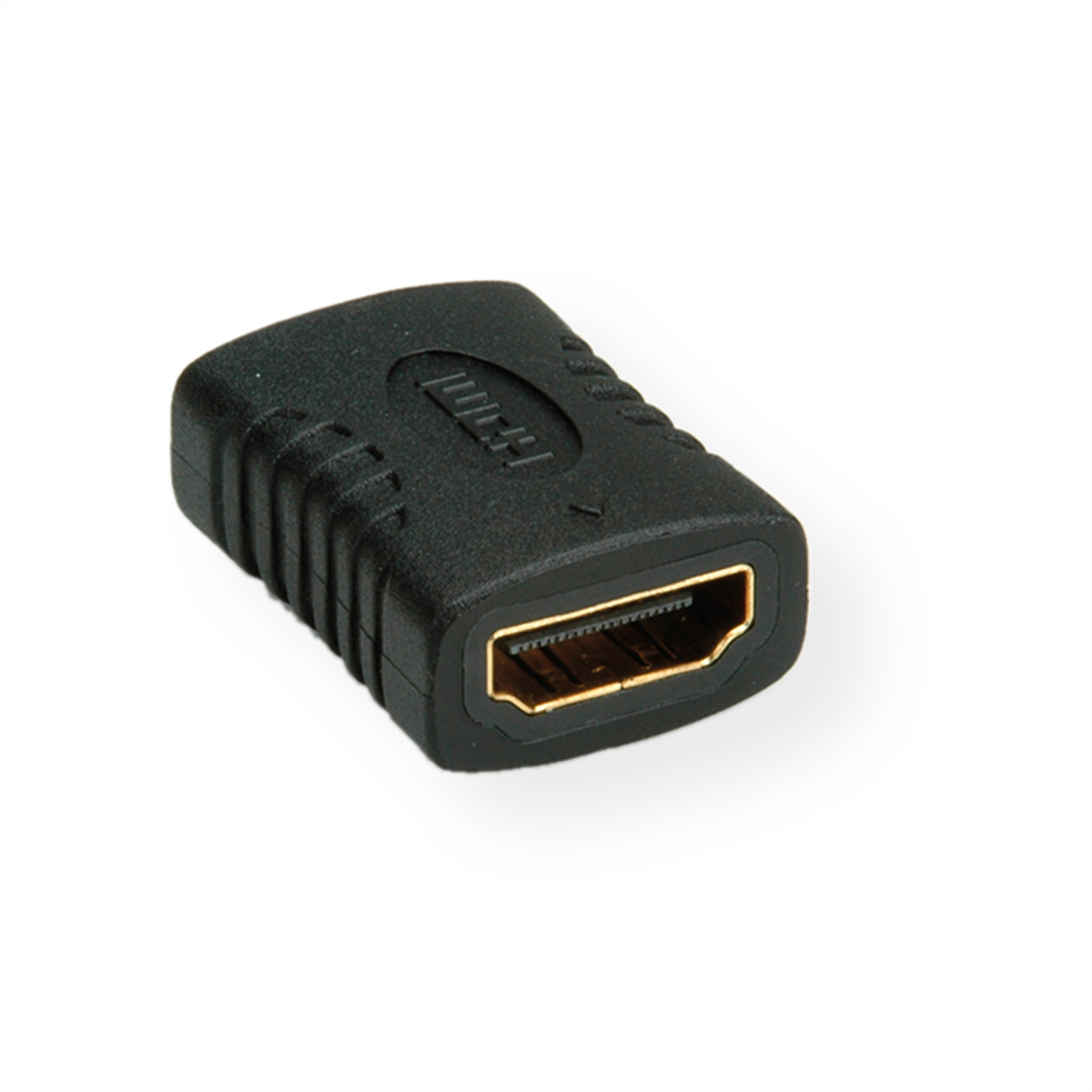 Zwarte HDMI-adapter met gouden connector op witte achtergrond.