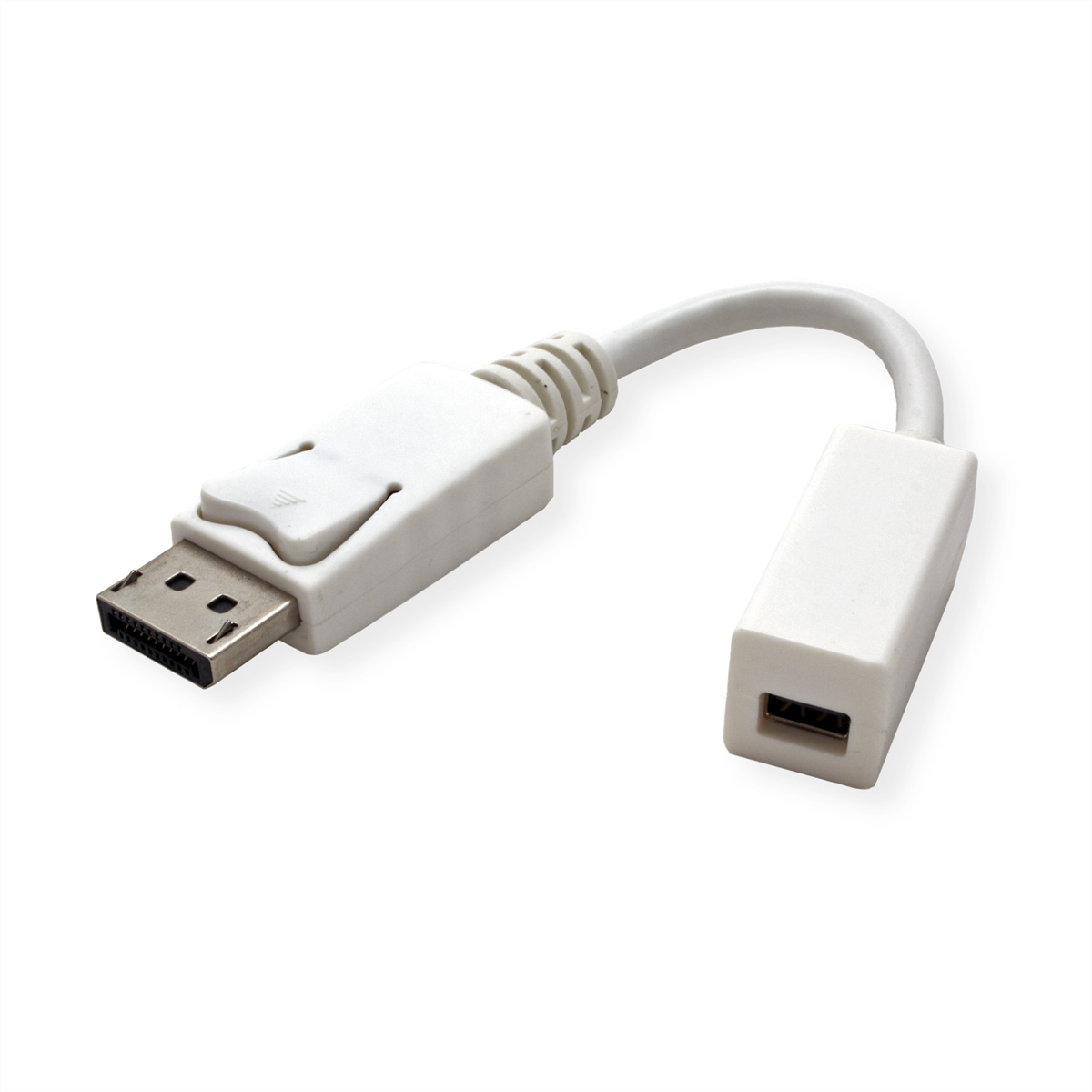Câble adaptateur DisplayPort vers USB-A blanc sur fond blanc. Deux extrémités blanches.