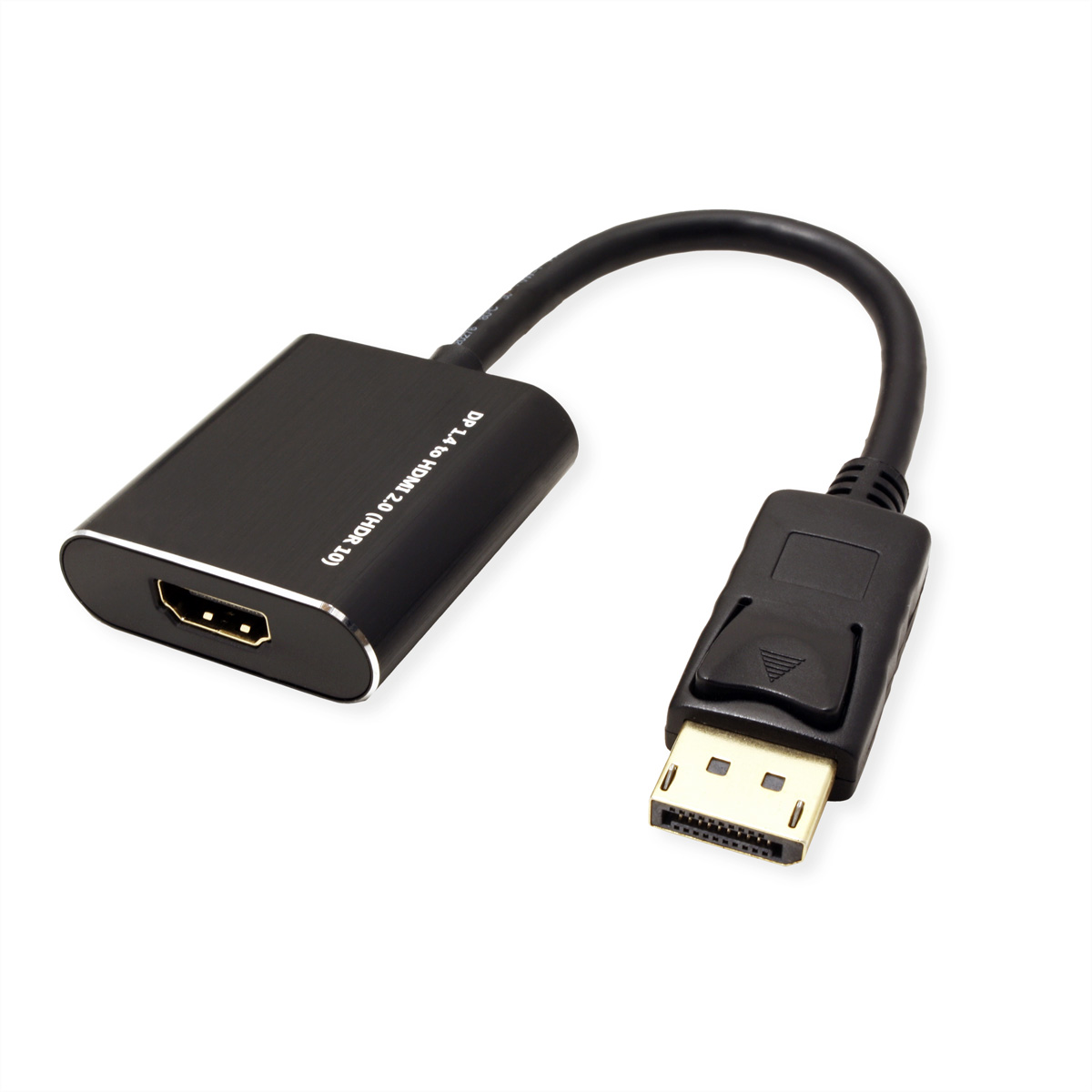 Schwarzer HDMI-zu-DisplayPort-Adapter. DisplayPort-Anschluss rechts. Weißer Hintergrund.