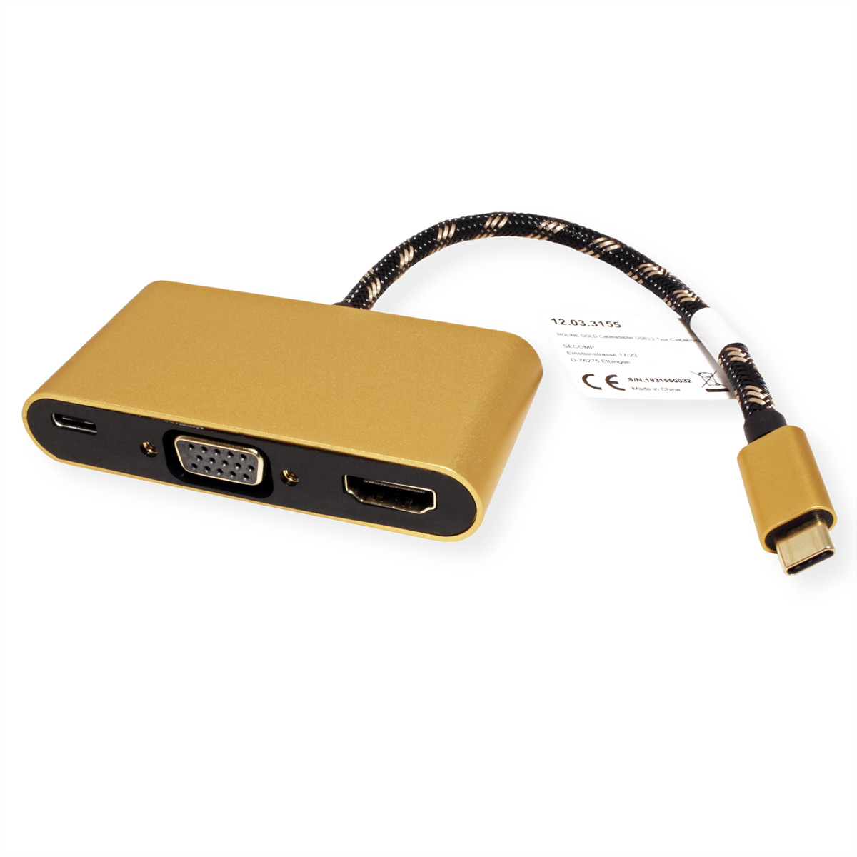 Adaptateur or et noir avec ports USB-C et HDMI. Une étiquette et un connecteur sont visibles.