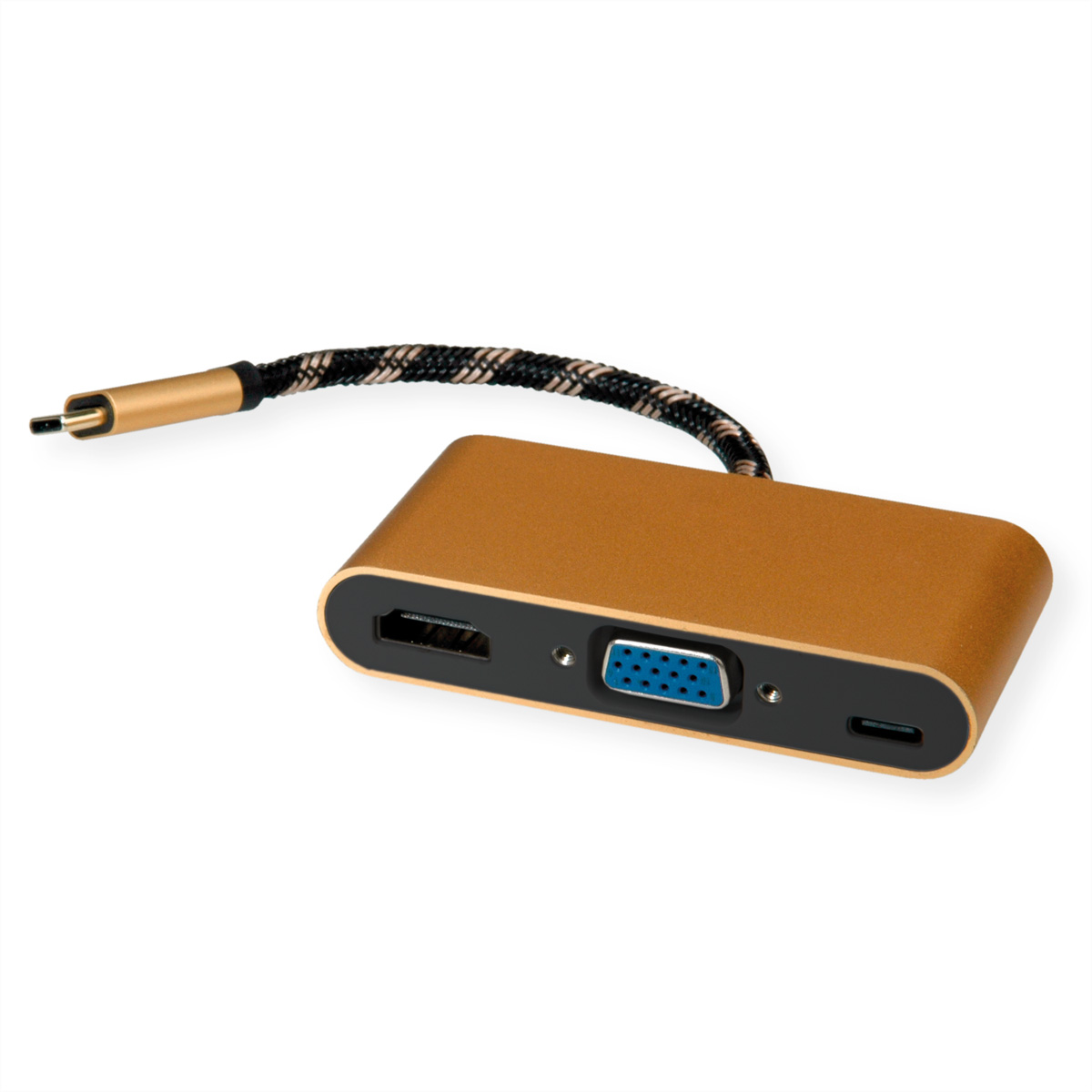 Un hub USB-C doré avec ports HDMI, VGA et USB-C, et un câble tressé noir.