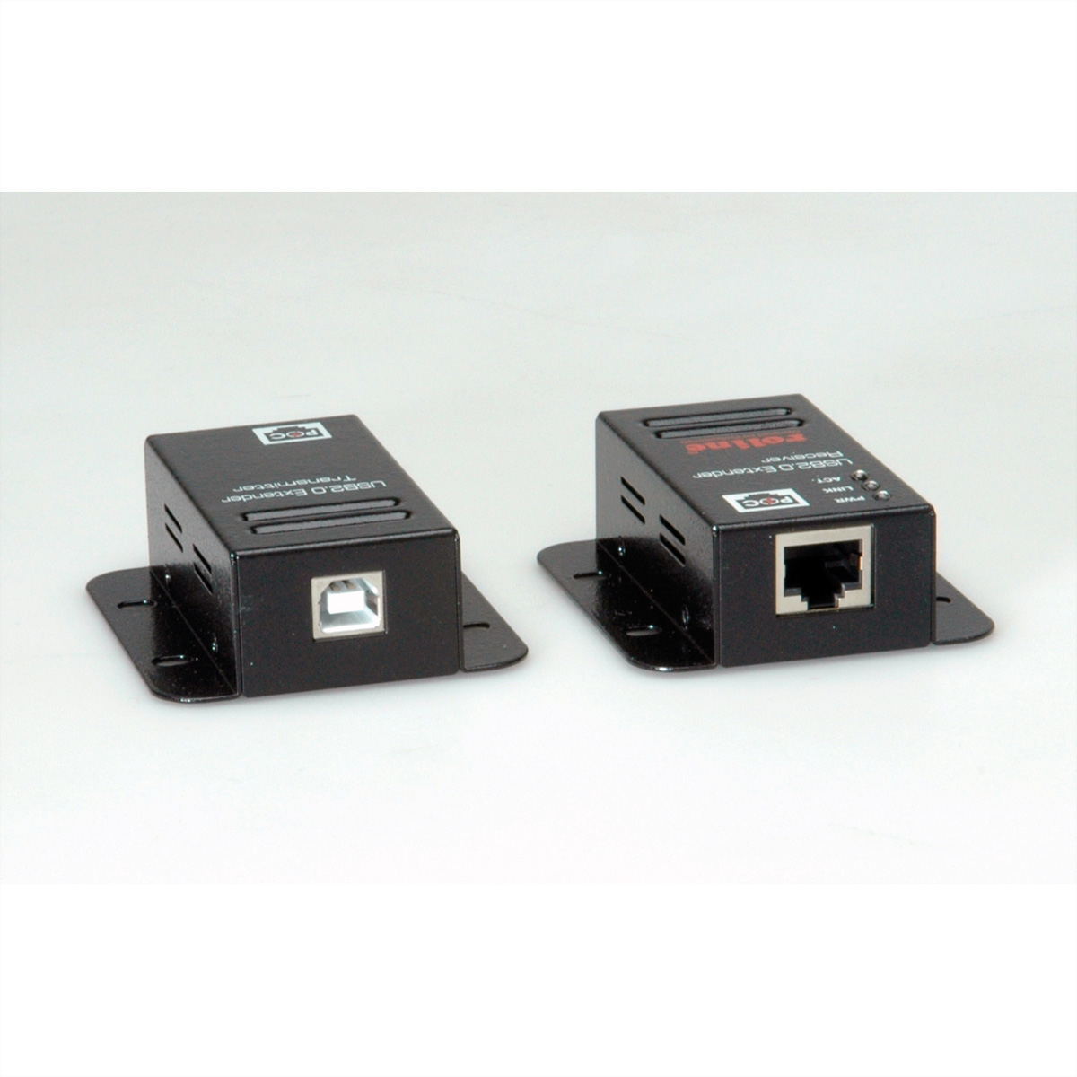 Zwei schwarze USB-Extender. Einer hat einen USB-Anschluss, der andere einen RJ45-Anschluss.