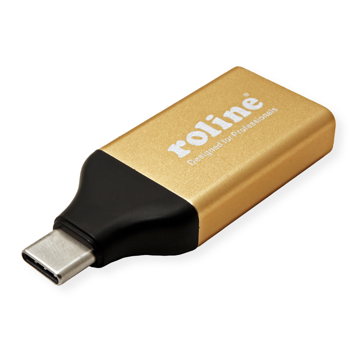 Gouden USB-C-flashdrive met een zwarte basis. Het product staat op een witte achtergrond. Het woord 'roline' staat erop.