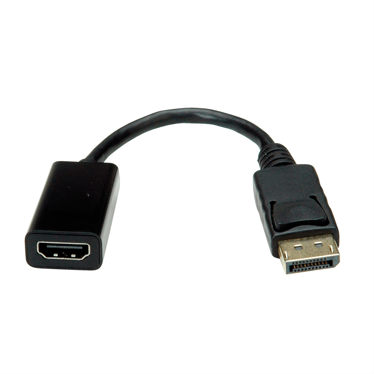 Schwarzes HDMI-zu-DisplayPort-Adapterkabel auf weißem Hintergrund.