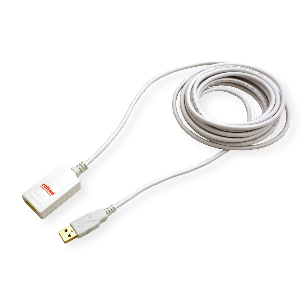Un câble USB blanc enroulé avec un USB et un connecteur.