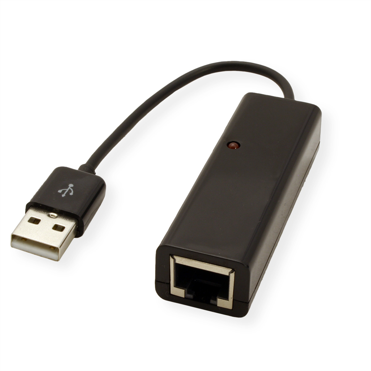 Een zwarte USB naar Ethernet adapter met een USB-connector en een Ethernet poort aan de andere kant.