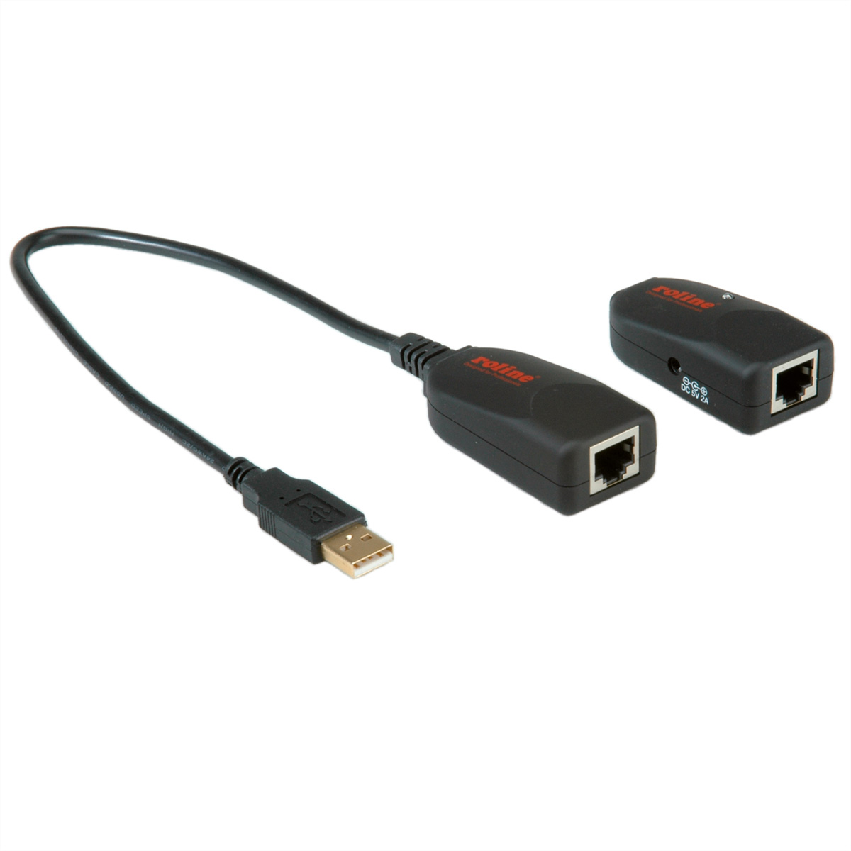 Schwarze USB-zu-Ethernet-Adapter. Weißer Hintergrund. USB-zu-Ethernet-Kabel.