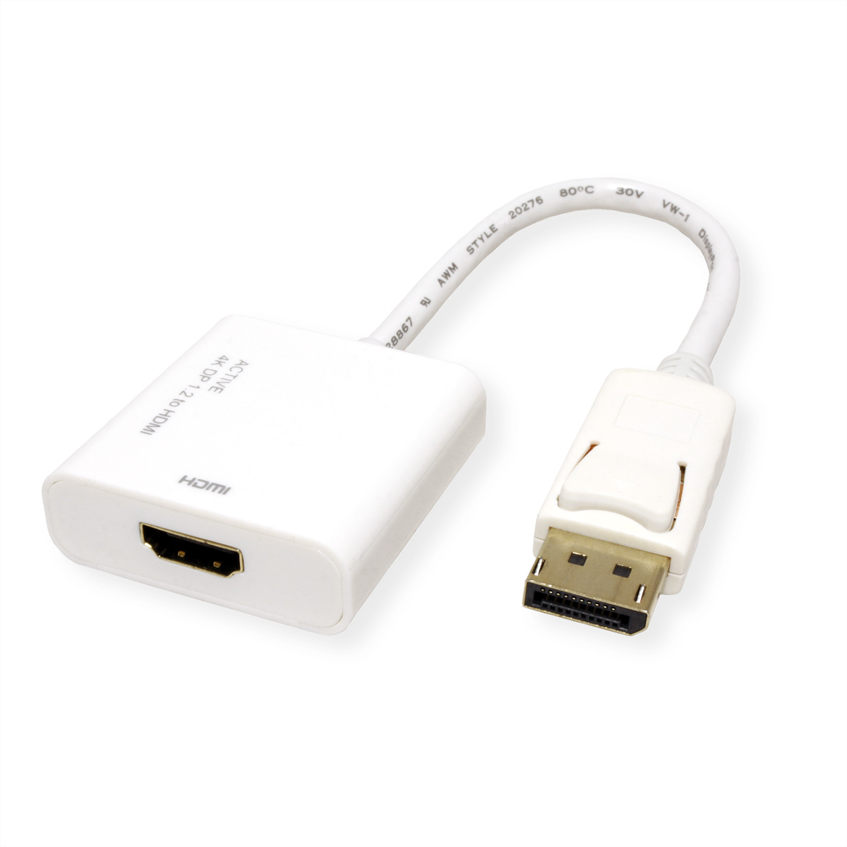 Weißes 4K DP-zu-HDMI-Adapterkabel mit HDMI- und DisplayPort-Anschlüssen, weißer Hintergrund.