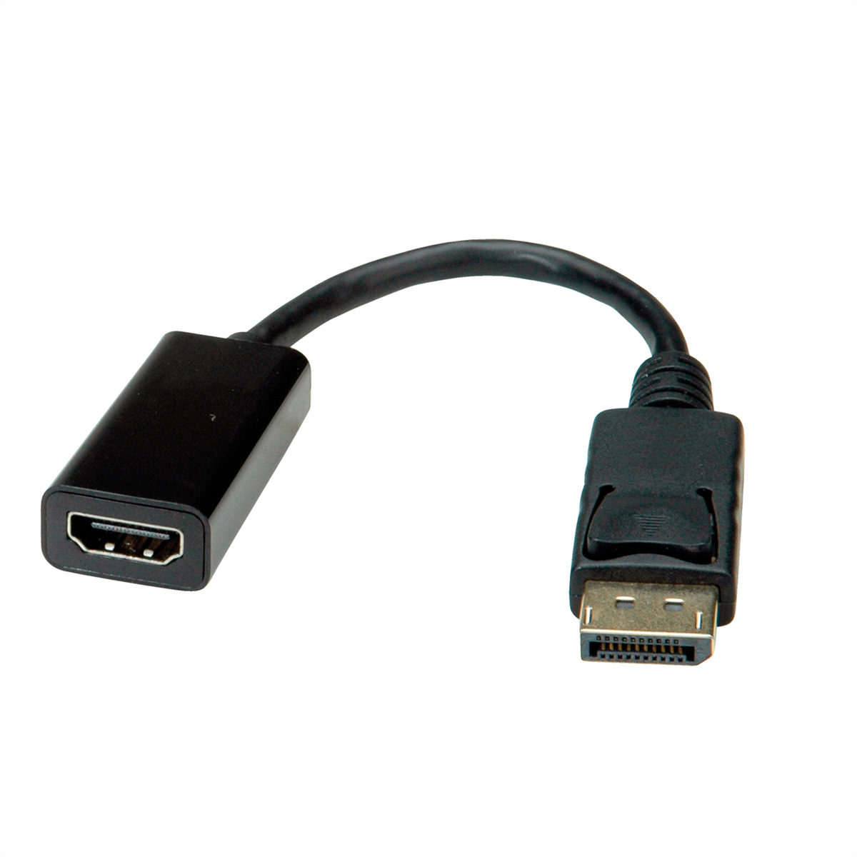 Schwarzer HDMI-zu-DisplayPort-Adapter, schräge Ansicht.