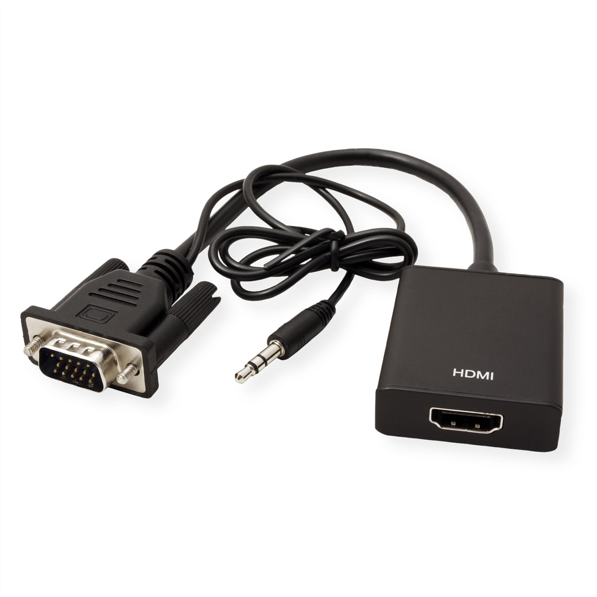 Zwarte adapter met een VGA-ingang, een 3,5 mm audio-aansluiting en een HDMI-uitgang.