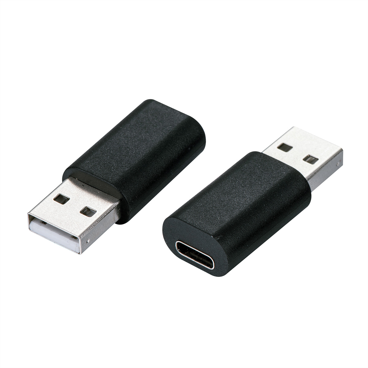 Deux adaptateurs USB noirs. L'un est USB-A, l'autre est USB-C.