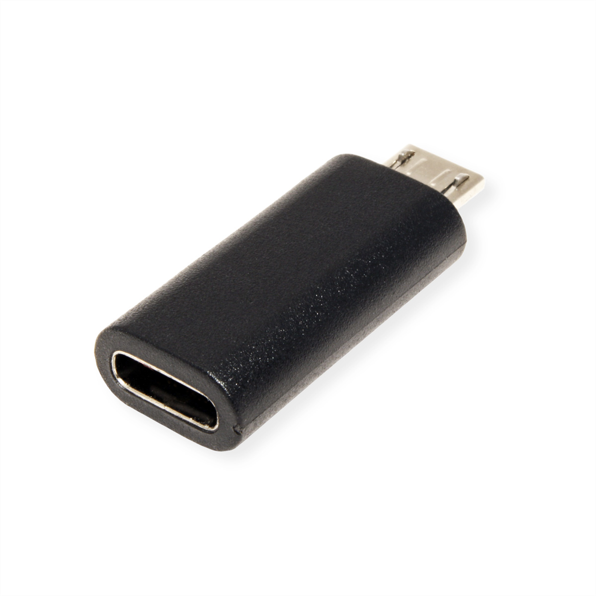 Schwarzer USB-C-zu-Micro-USB-Adapter. Weißer Hintergrund.