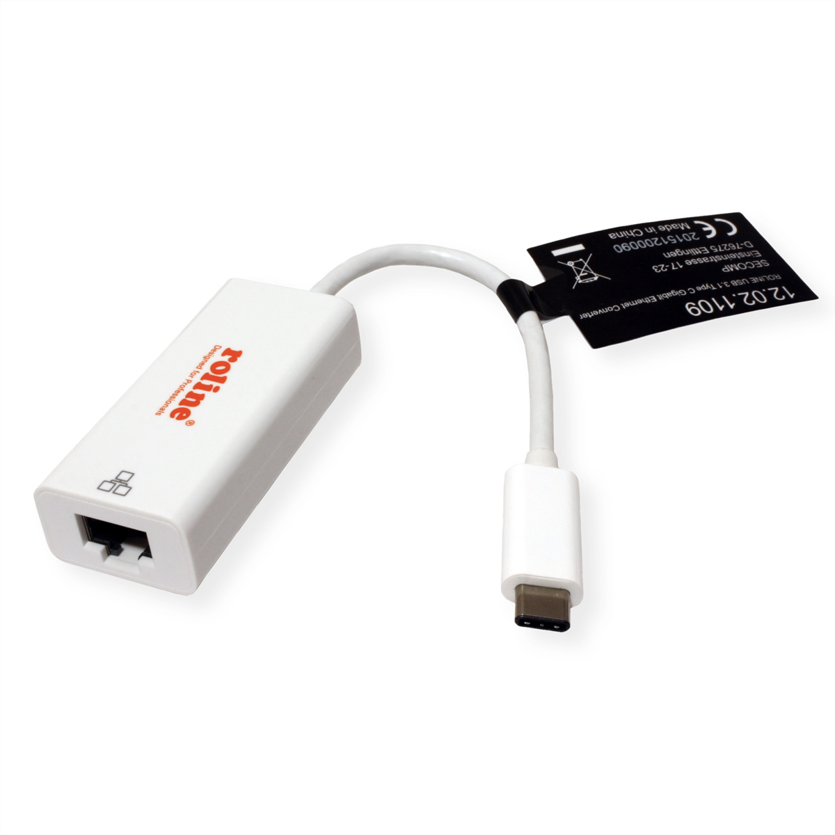 Een witte Roline Gigabit Ethernet converter met een zwart label op een witte achtergrond.