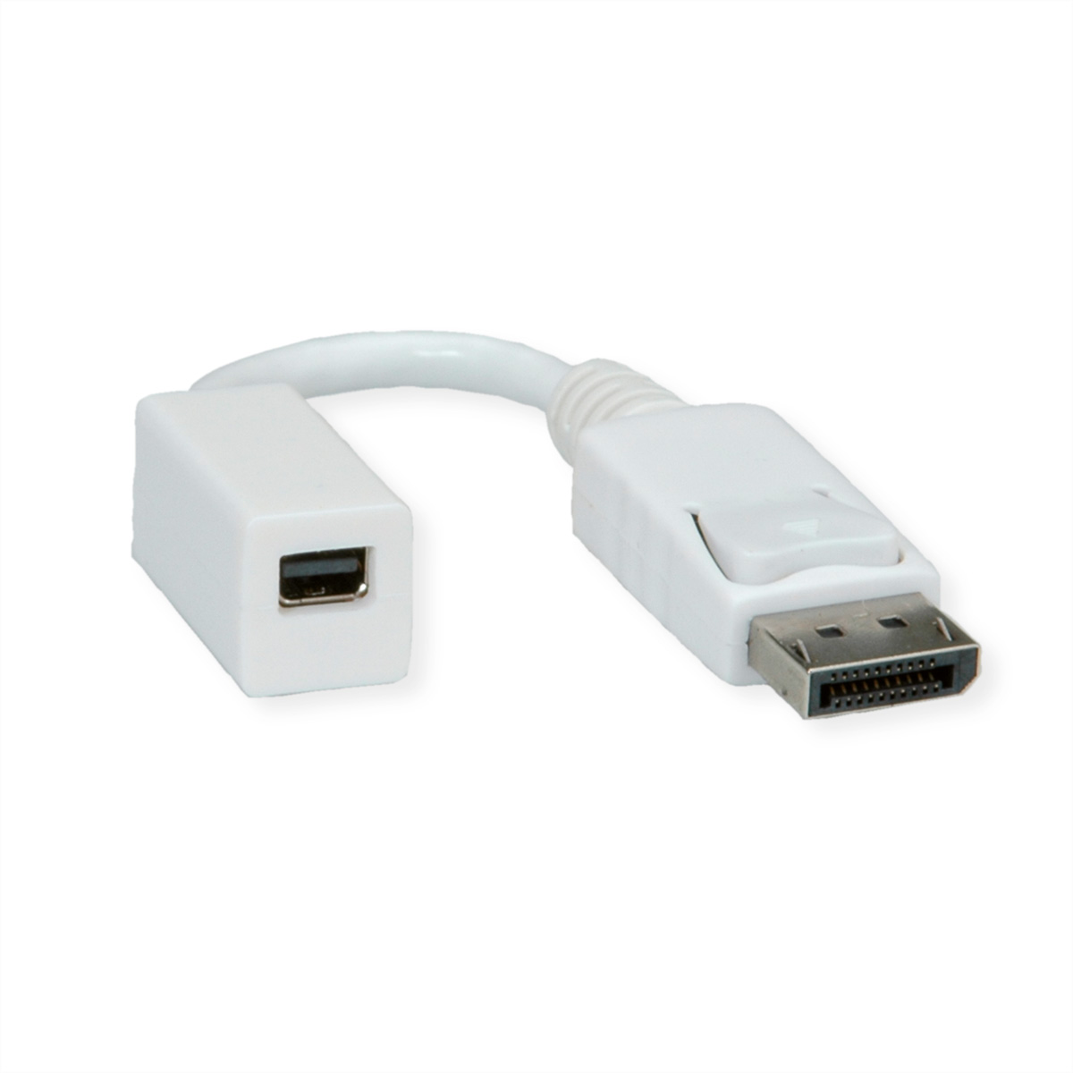 Un adaptateur blanc avec un mini DisplayPort et un connecteur DisplayPort, sur fond blanc.