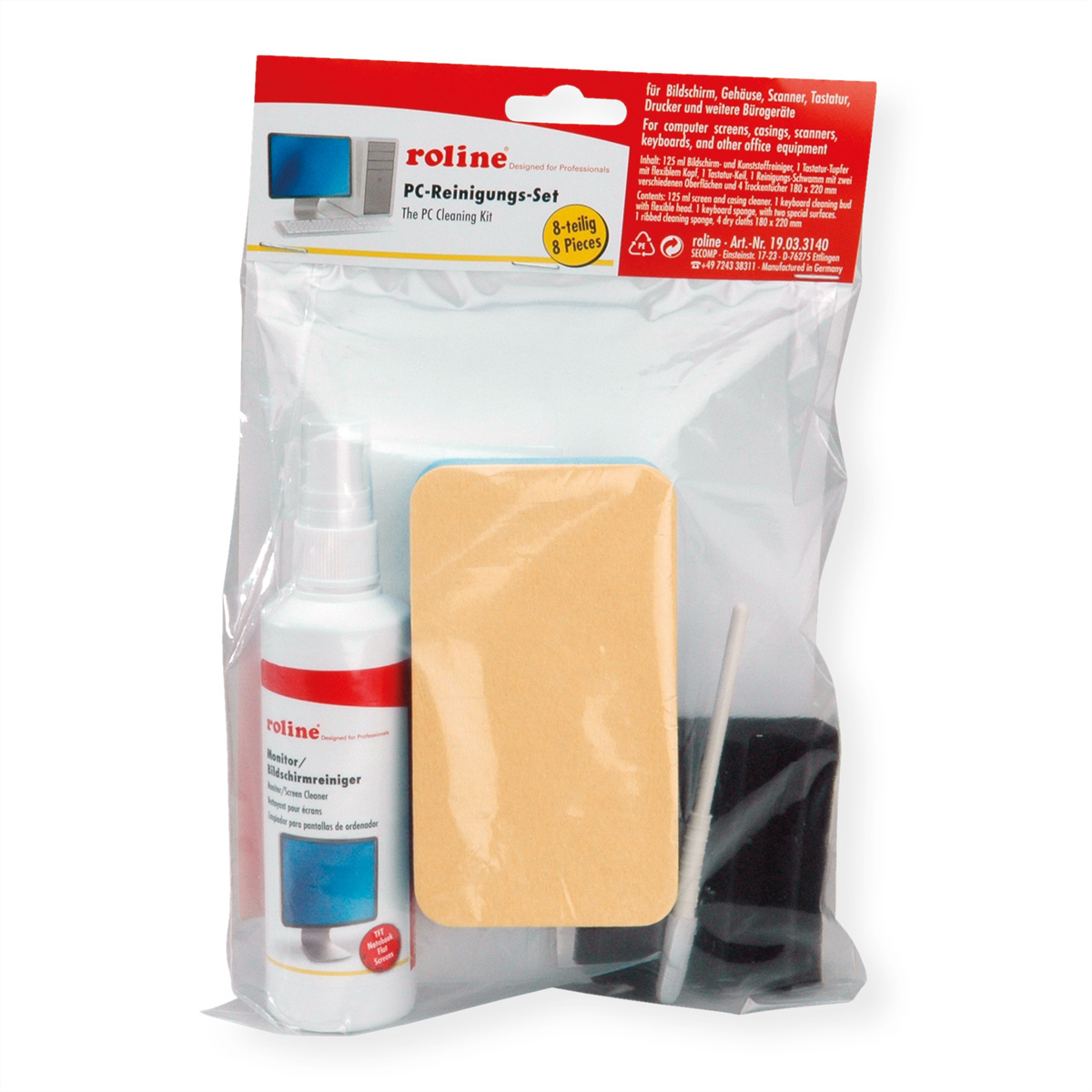 Zestaw do czyszczenia komputera ze sprayem, gąbką i narzędziami w przezroczystym opakowaniu.