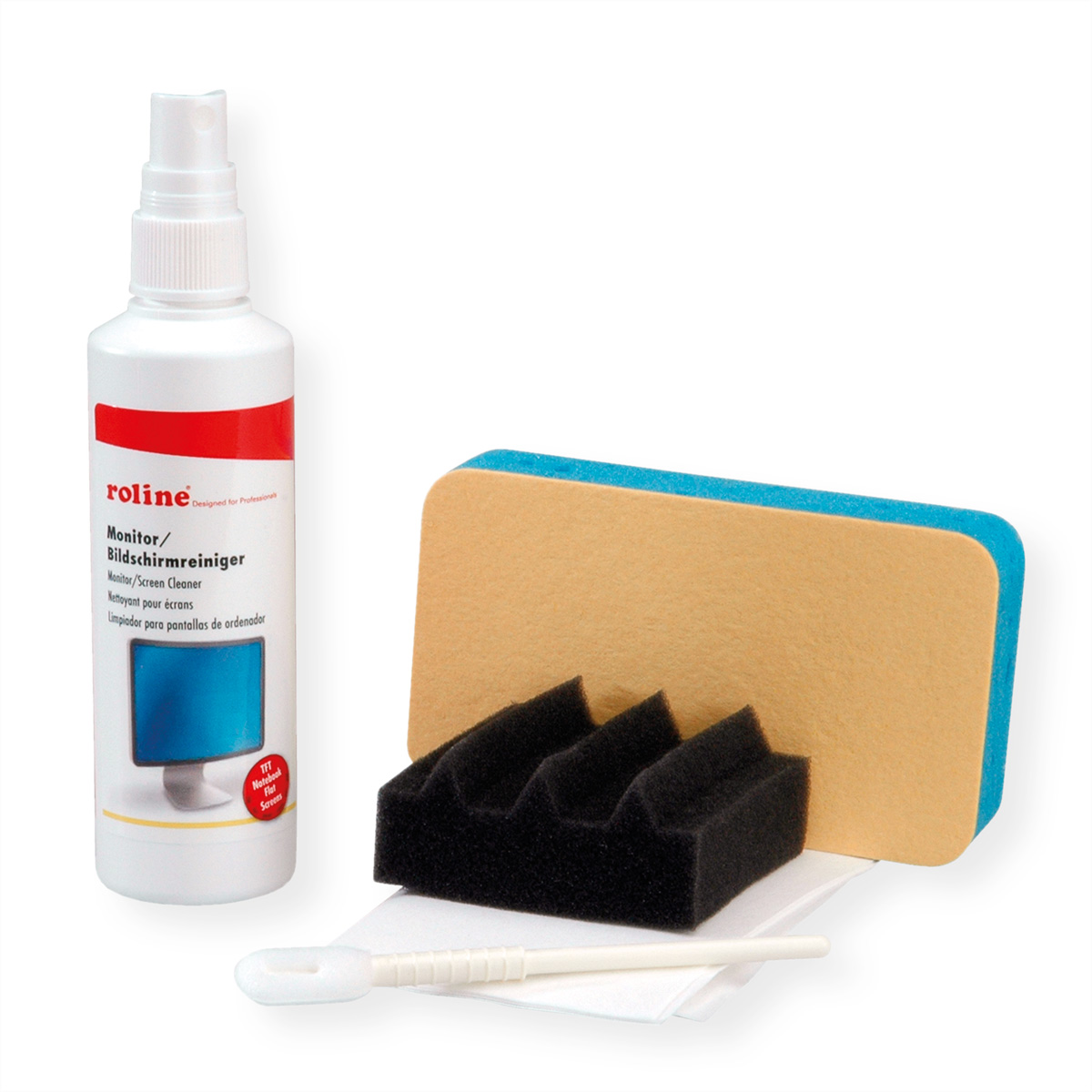 Zestaw do czyszczenia ze sprayem, gąbką i ściereczką na białym tle.