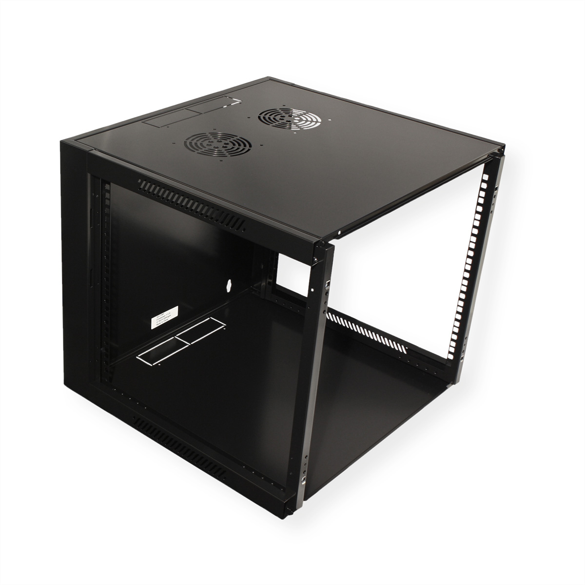 Rack server nero con frontale aperto. Ha due ventole in alto.