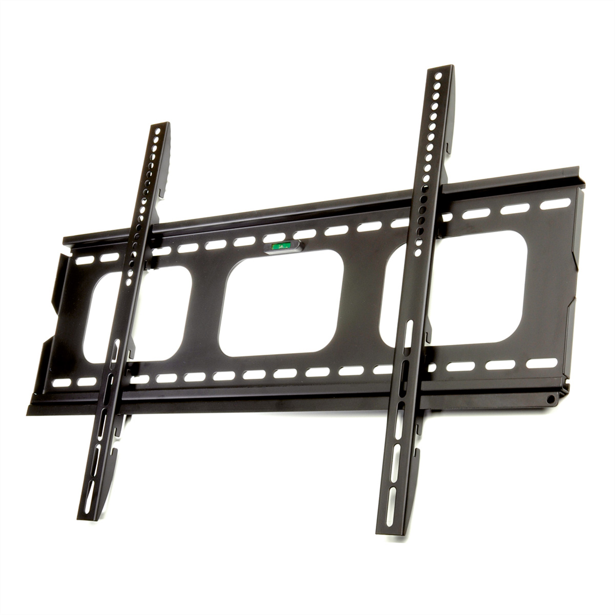 Supporto TV nero con due supporti verticali. Con fori e livella.