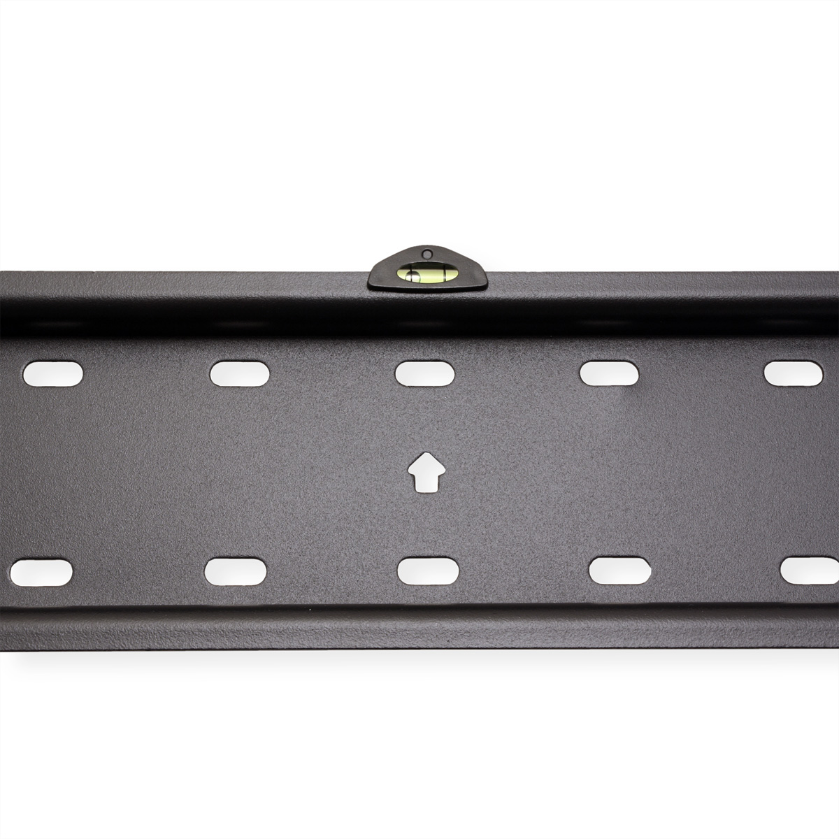 Schwarze TV-Halterungsbasis mit Pfeil und Wasserwaage. Nahaufnahme.