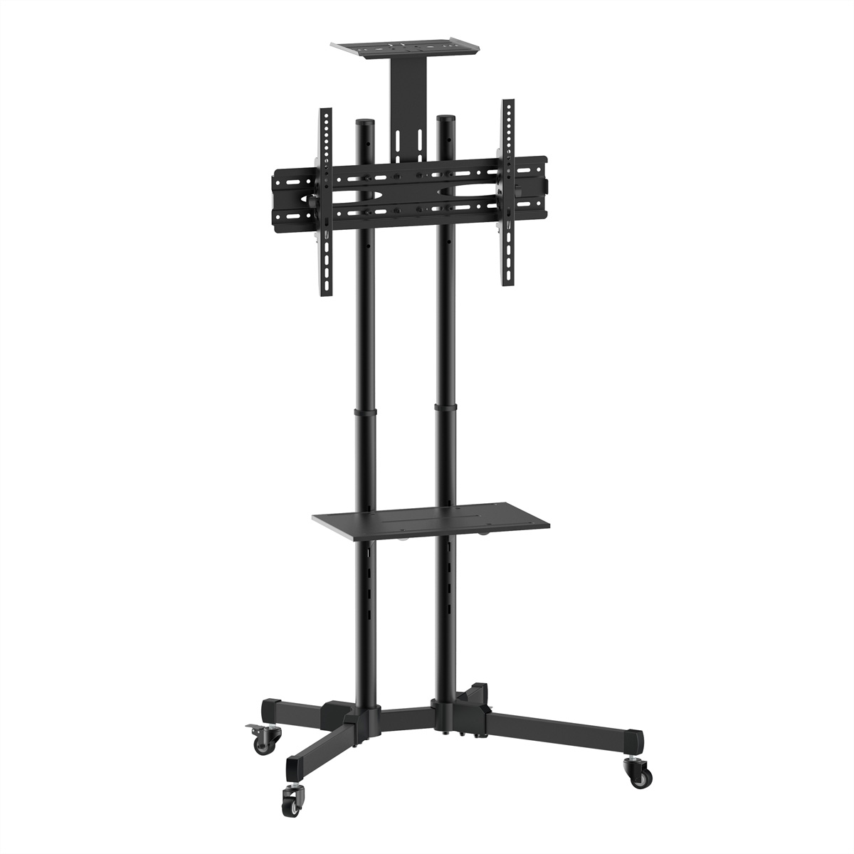 Soporte de TV negro sobre ruedas con estantes ajustables para un televisor y un estante inferior.