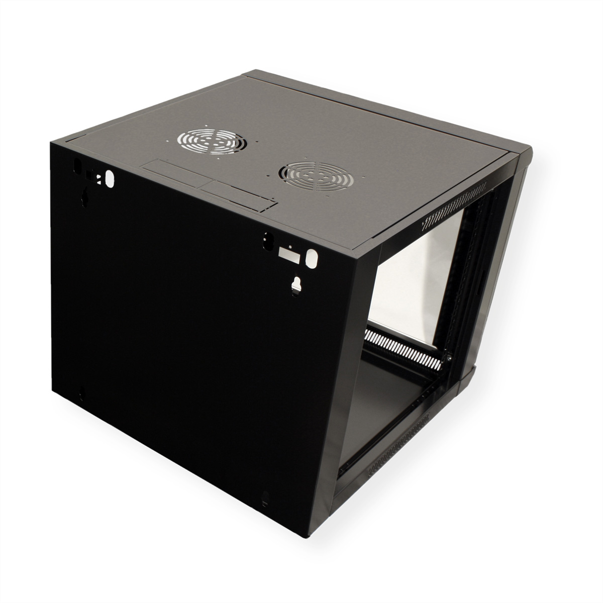 Armadio server rack nero, frontale aperto. Ventole in alto.