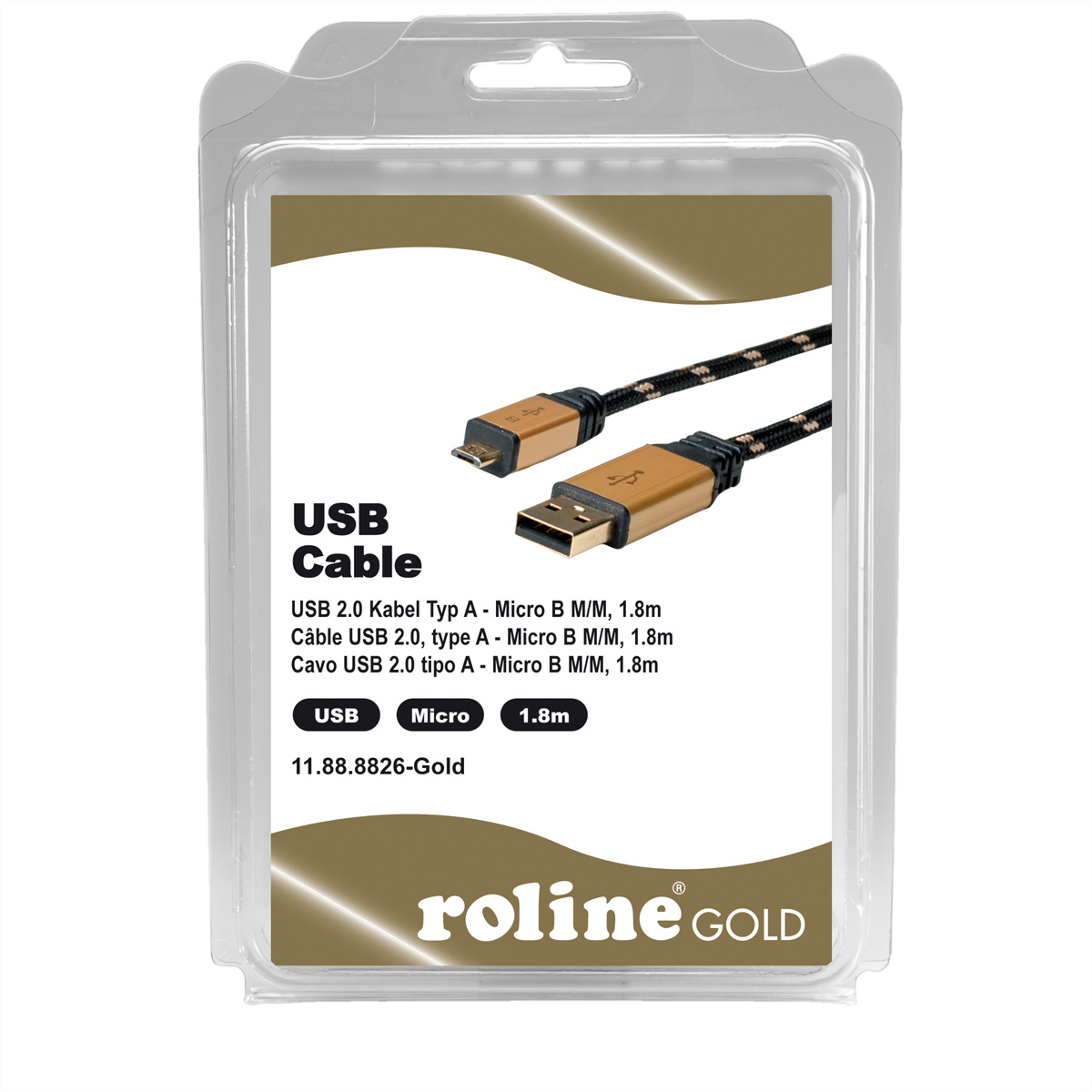 Confezione cavo USB con connettori USB e micro-USB, confezione trasparente.