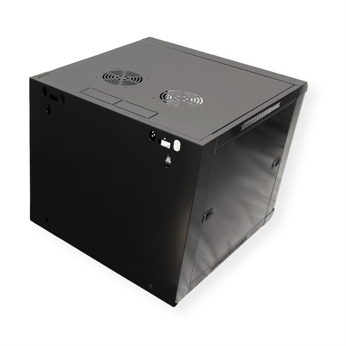 Armadio rack per server nero con prese d'aria sulla parte superiore e porta a vetro.