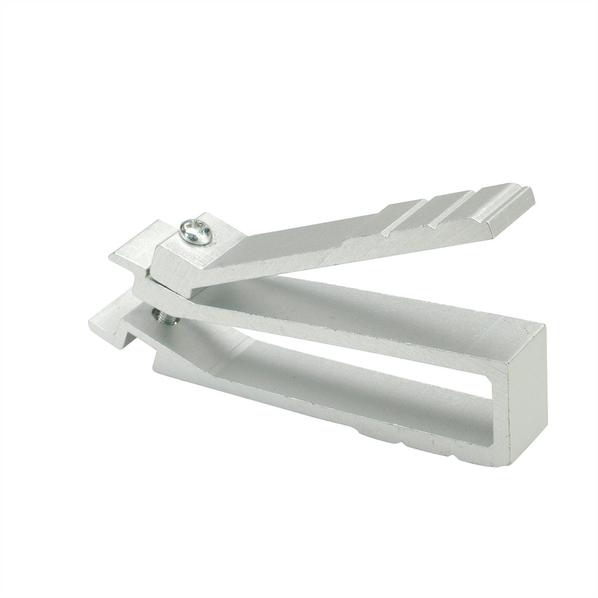 Morsetto in metallo argentato con design a cerniera e vite. Sfondo bianco.
