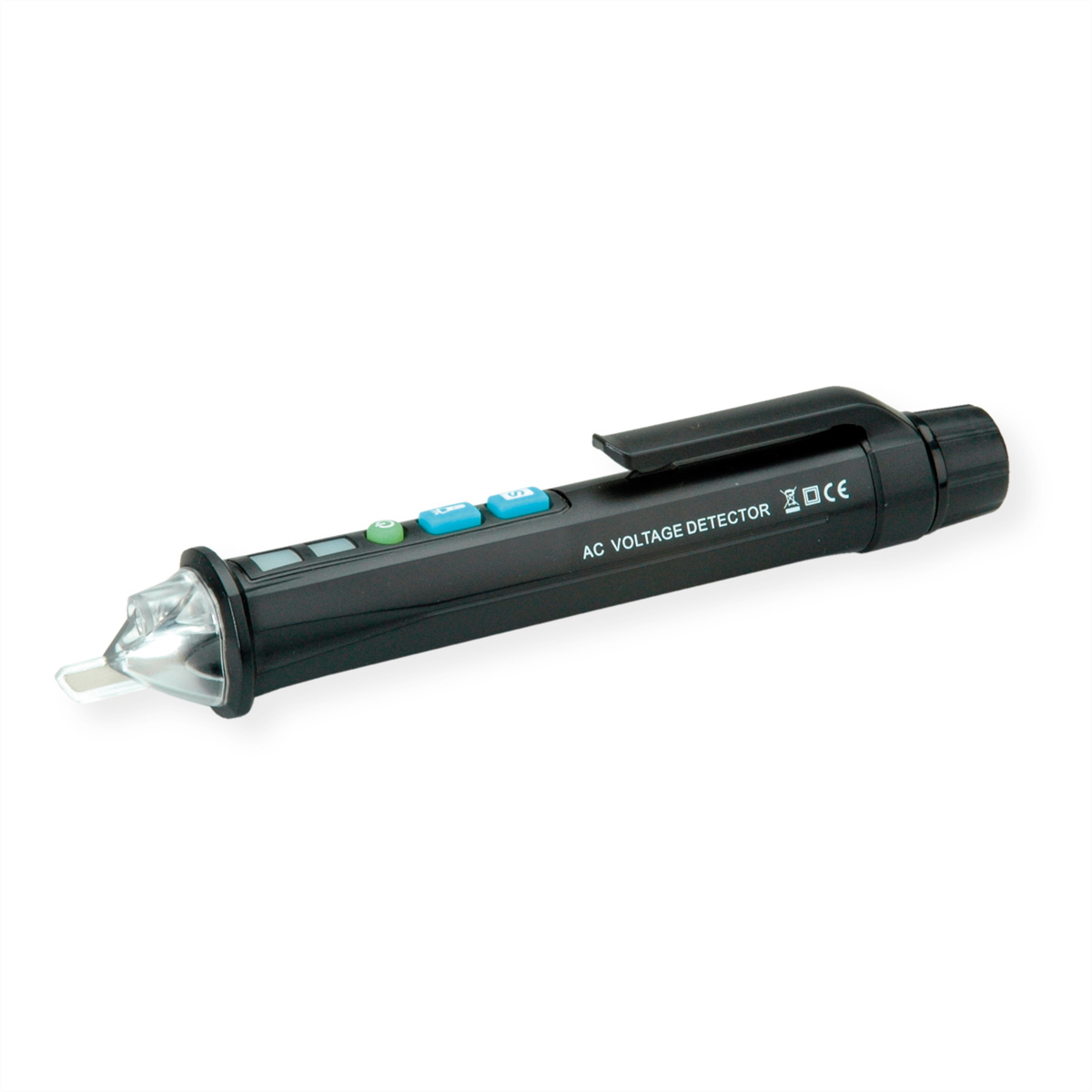 Ein schwarzer AC-Spannungsdetektor-Stift mit Knöpfen und klarer Spitze. Weißer Hintergrund.