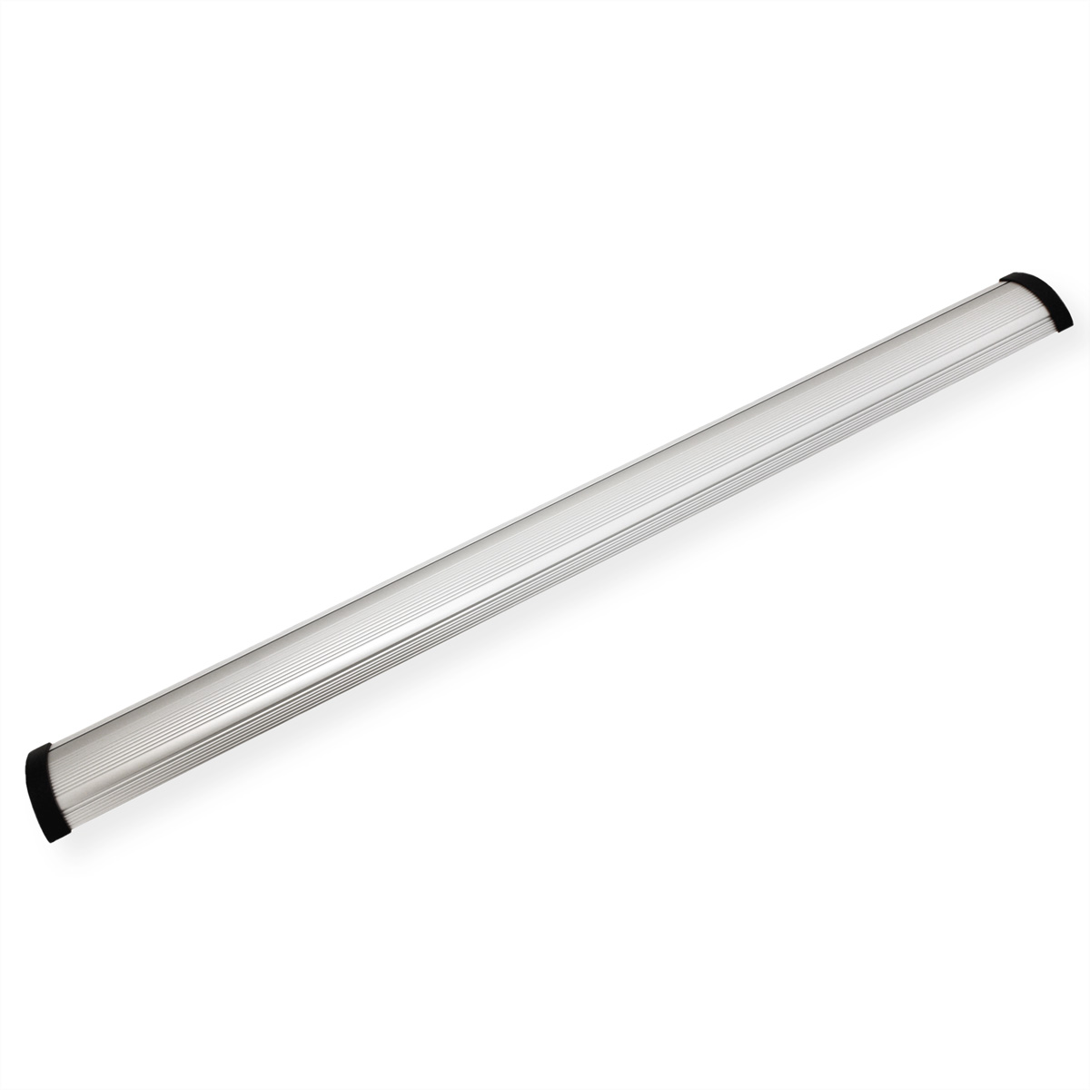 Lange, zilveren LED-lichtbalk met zwarte eindkappen, op een witte achtergrond.