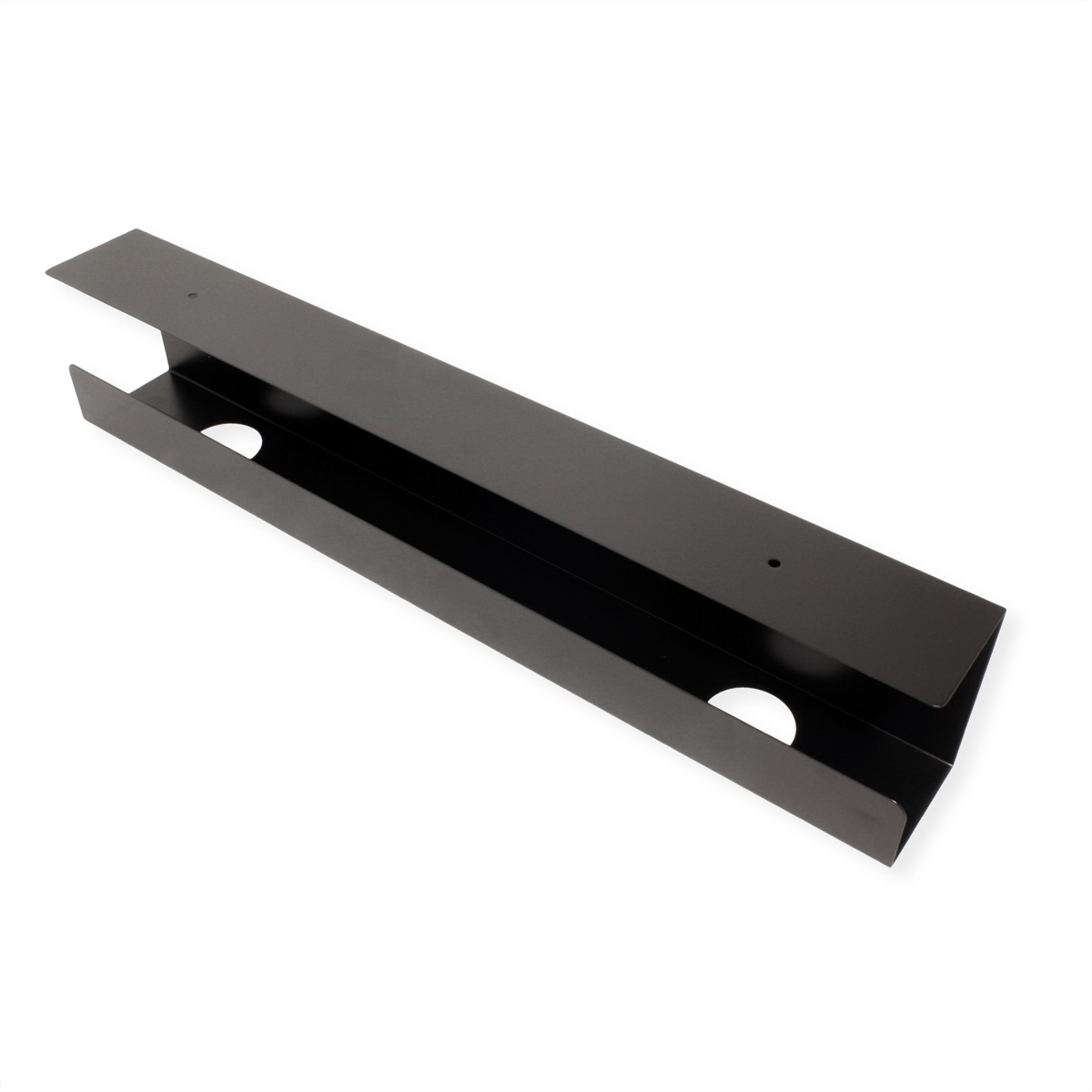 Zwarte metalen kabelgoot met twee gaten aan de voorkant, geïsoleerd op een witte achtergrond.