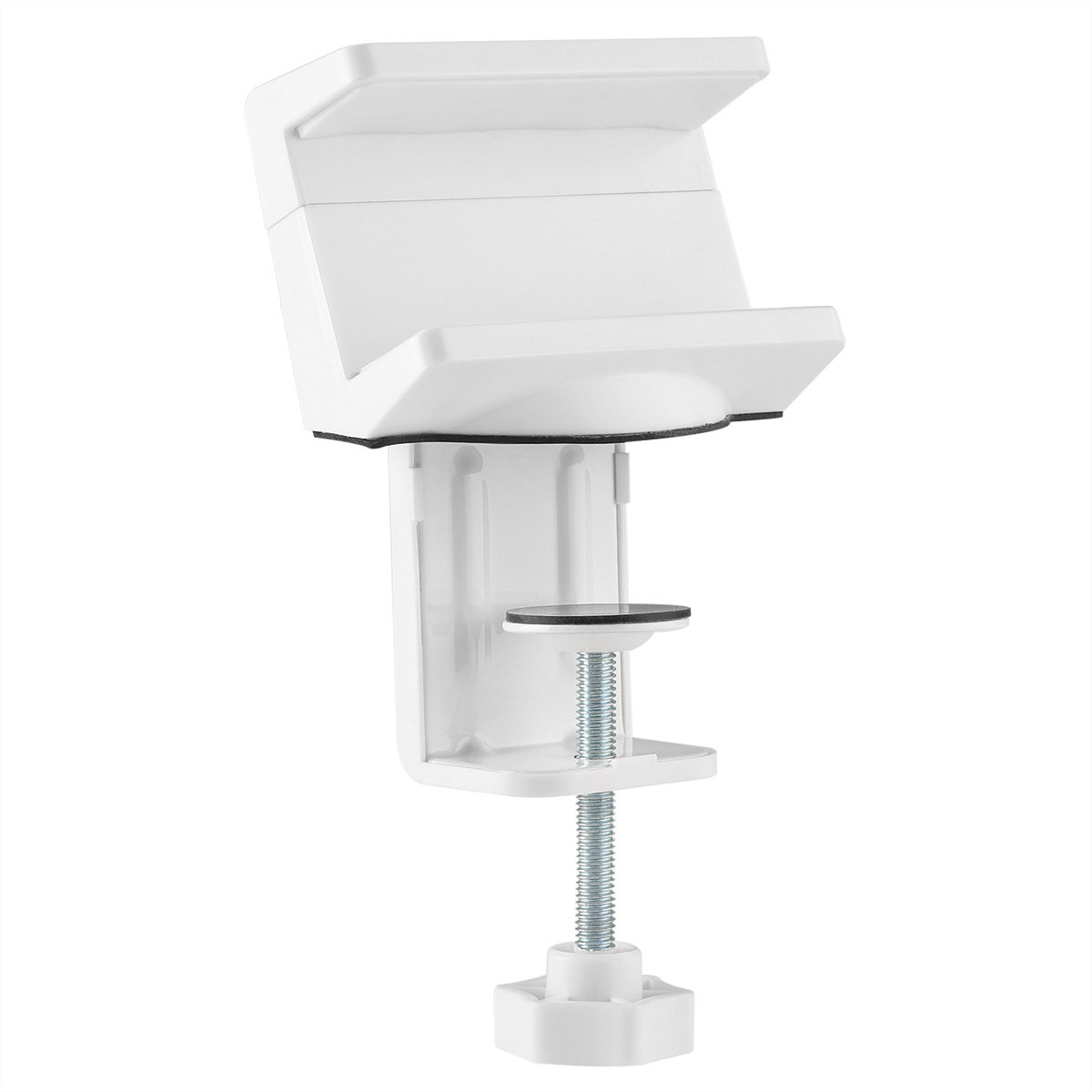 Un supporto per telefono bianco con morsetto regolabile, vite e piattaforma per tenere il telefono.