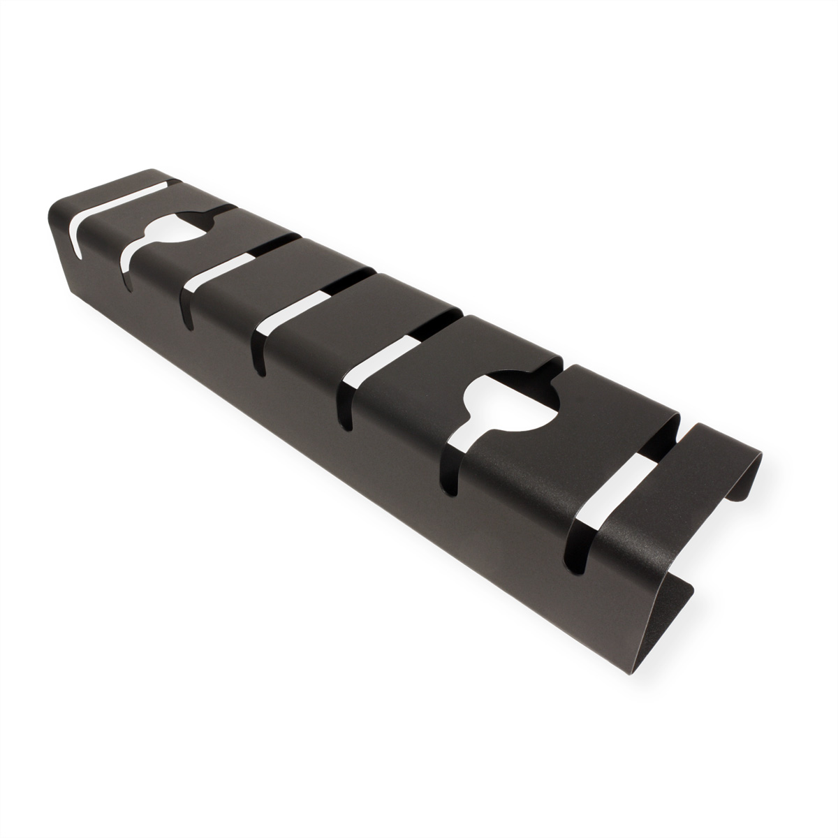 Organizzatore di cavi nero con fessure, forma curva, sfondo bianco.