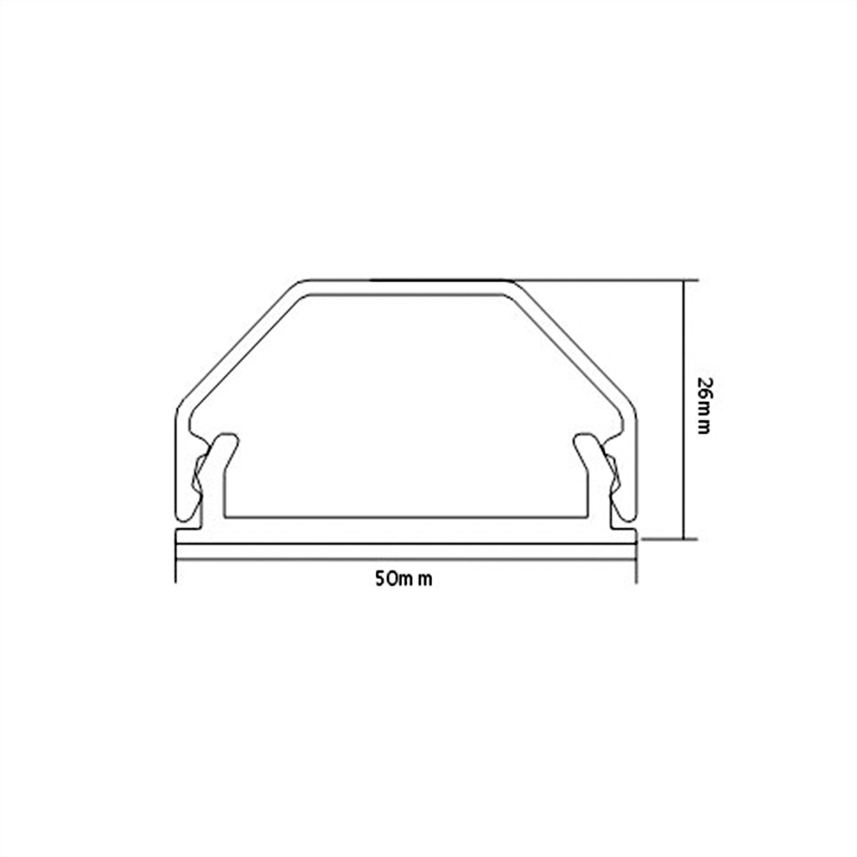 Querschnittsdiagramm eines rechteckigen Kanals mit den Abmessungen 26 mm x 50 mm.