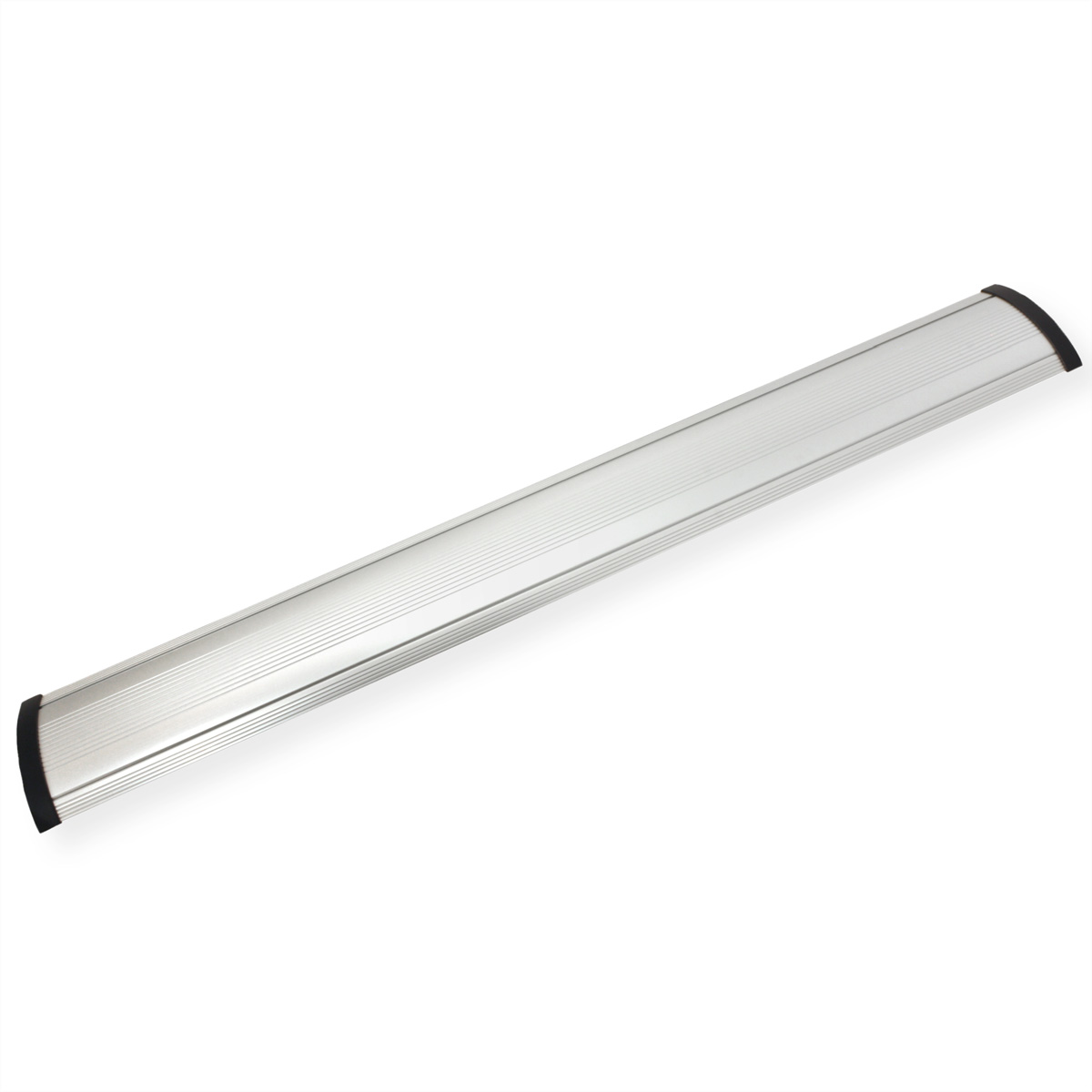 Silberne Aluminiumstange mit zwei schwarzen Enden. Es ist ein langes, schmales Objekt, auf weißem Grund.