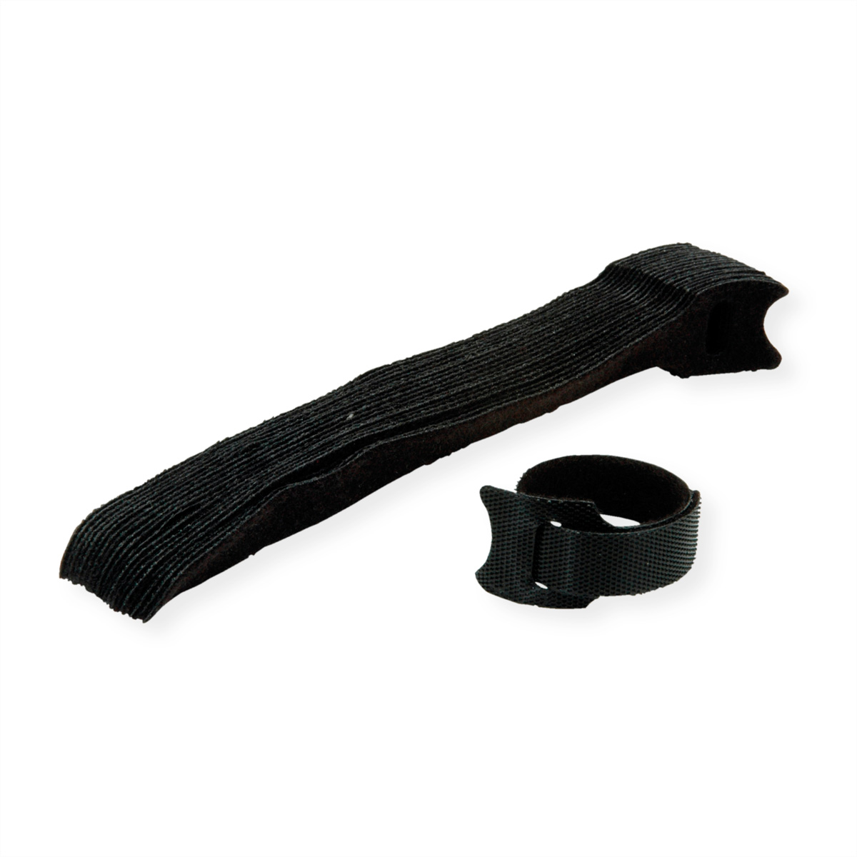 Due cinturini in velcro neri. Uno è lungo e l'altro è un piccolo anello.