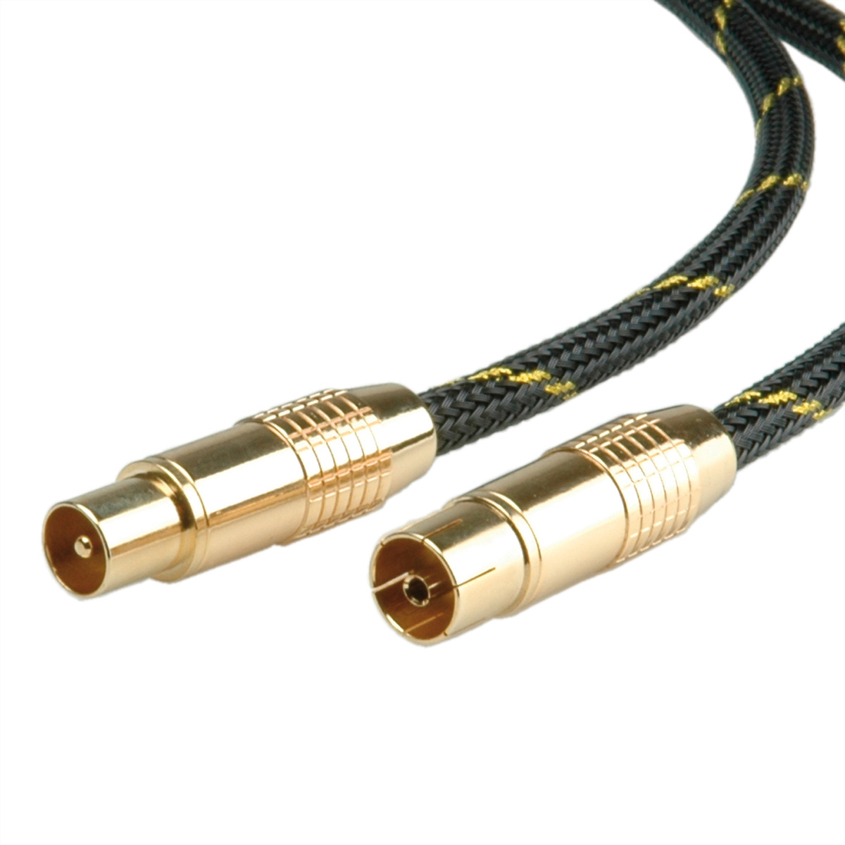 Zwei Audiokabel mit Goldsteckern und schwarz geflochtenen Drähten mit gelben Details.