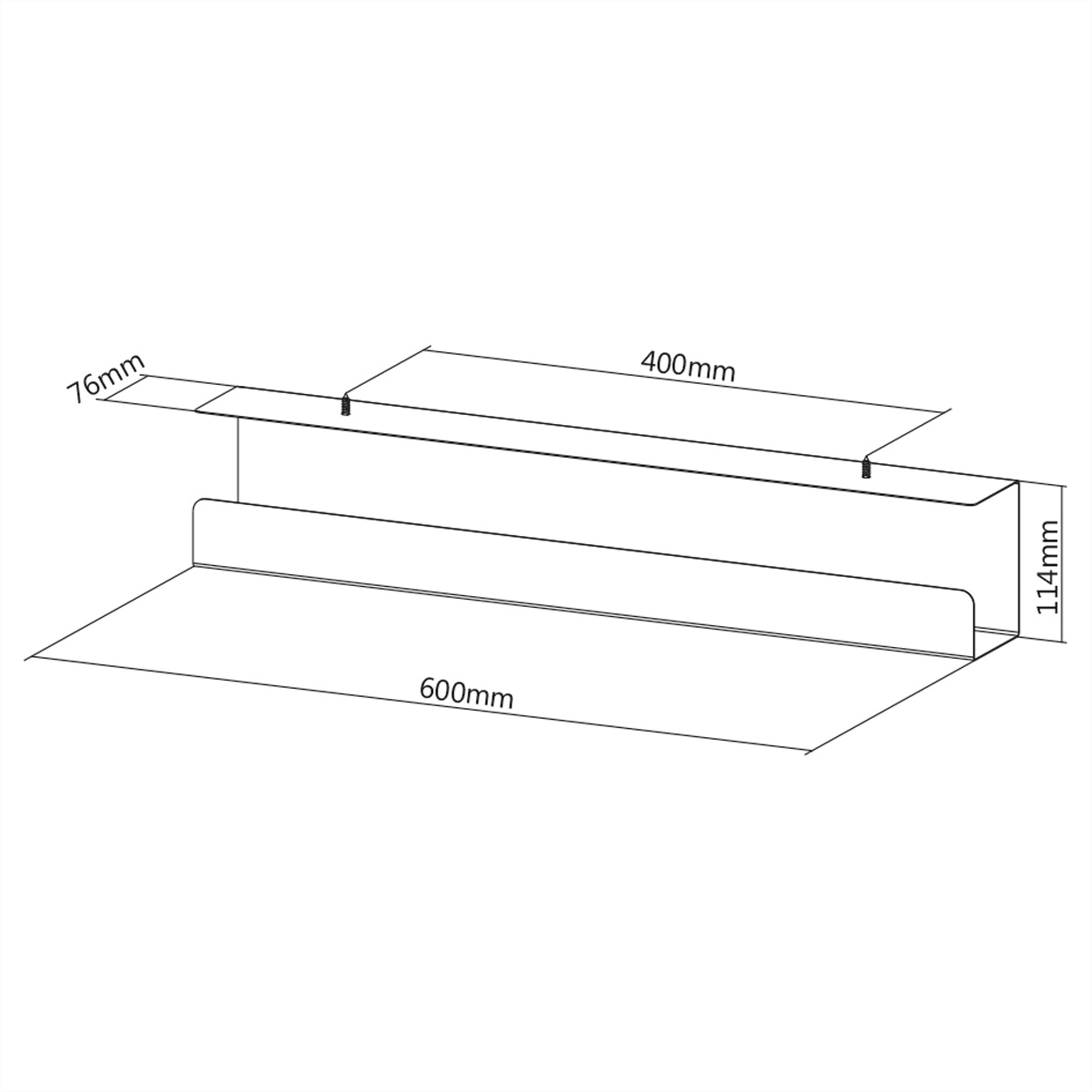 Een metalen plank met afmetingen: 600mm x 114mm x 76mm, met schroefgaten.