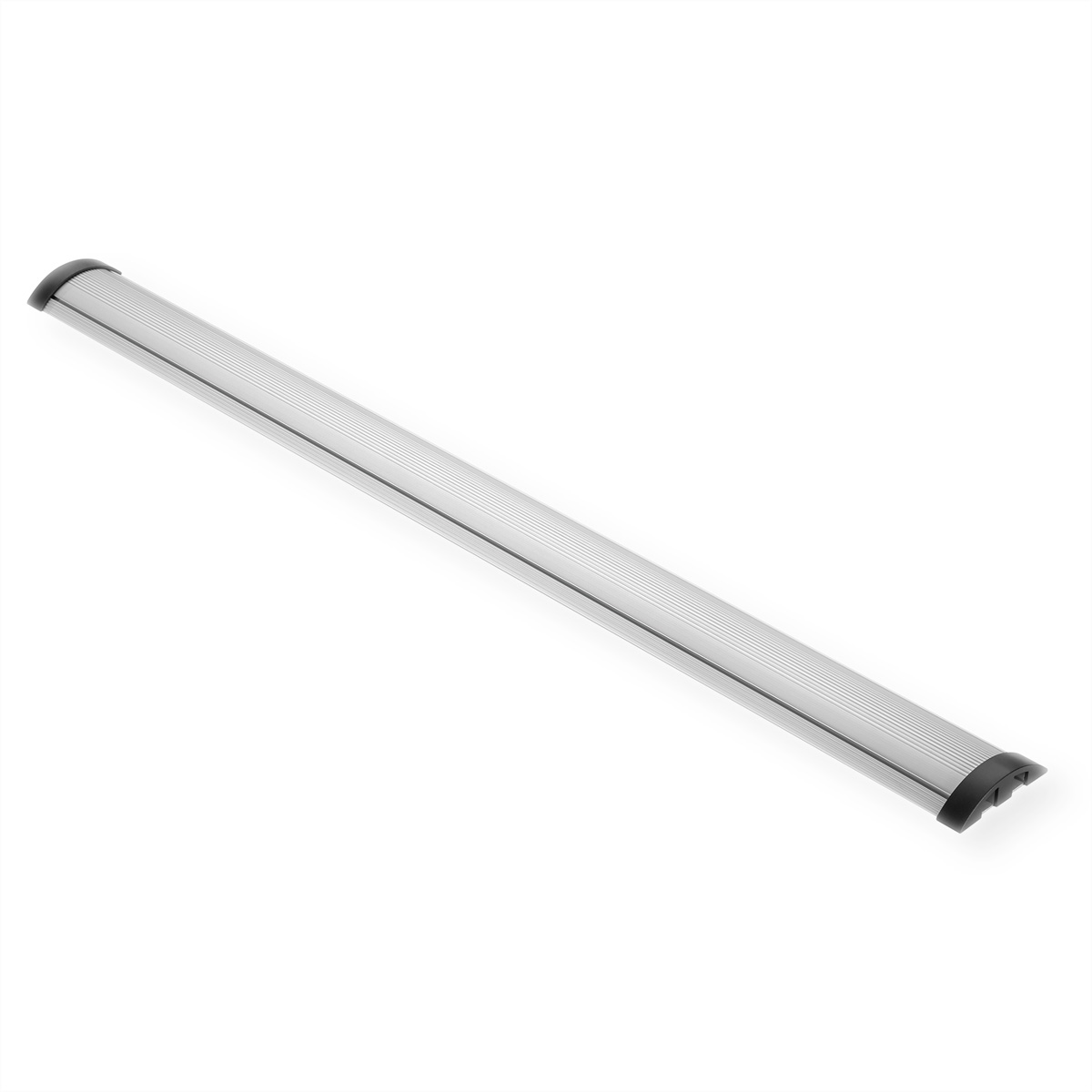 Zilveren, geribbelde aluminium staaf met zwarte uiteinden.