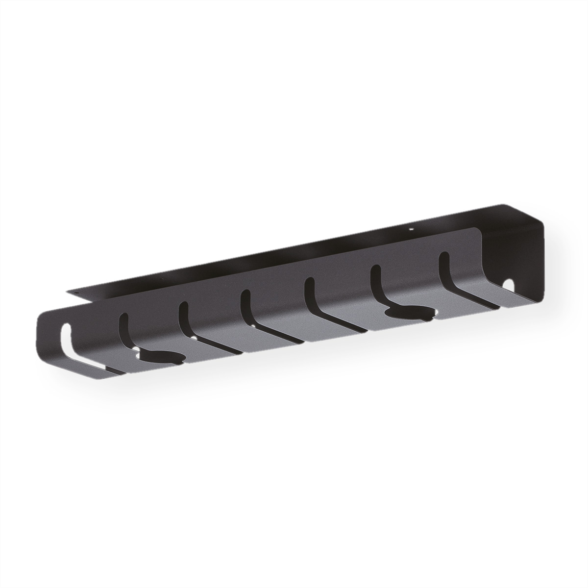 Organizzatore di cavi nero con ganci. Sfondo bianco.