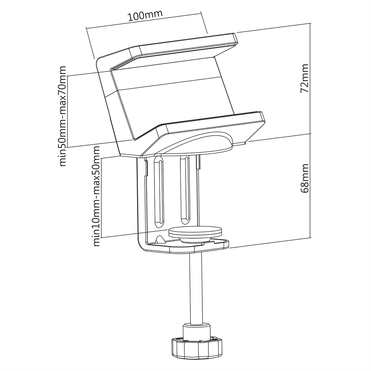 Disegno a tratto di un morsetto da scrivania con dimensioni in mm, sfondo bianco.