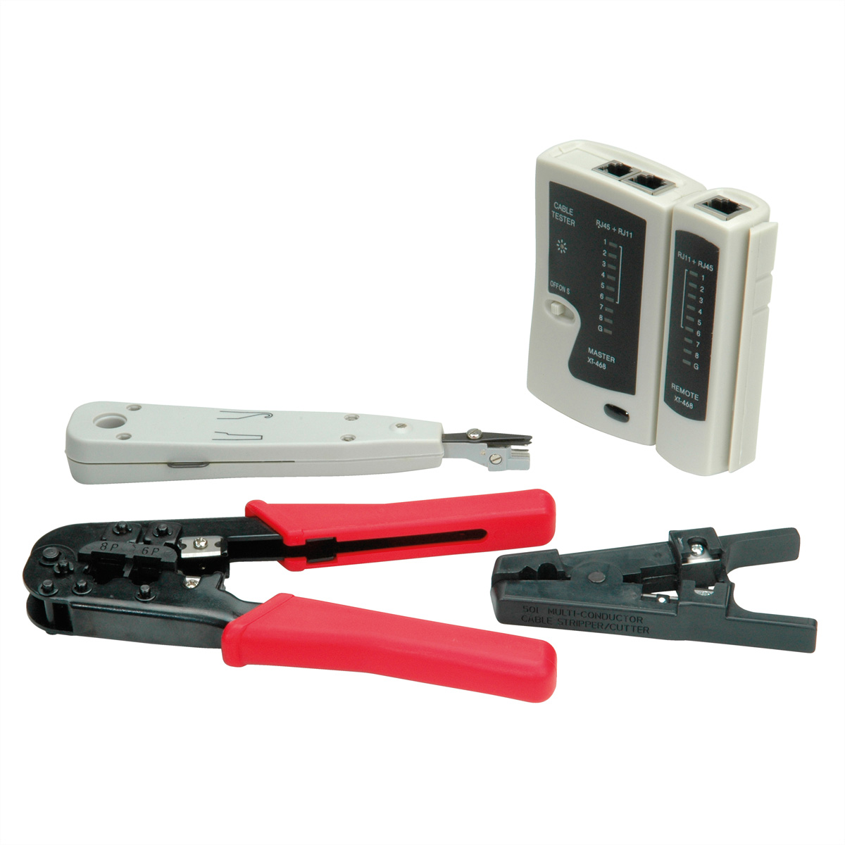 Set von Netzwerkwerkzeugen: Crimpzange, Auflegewerkzeug und Kabeltester.