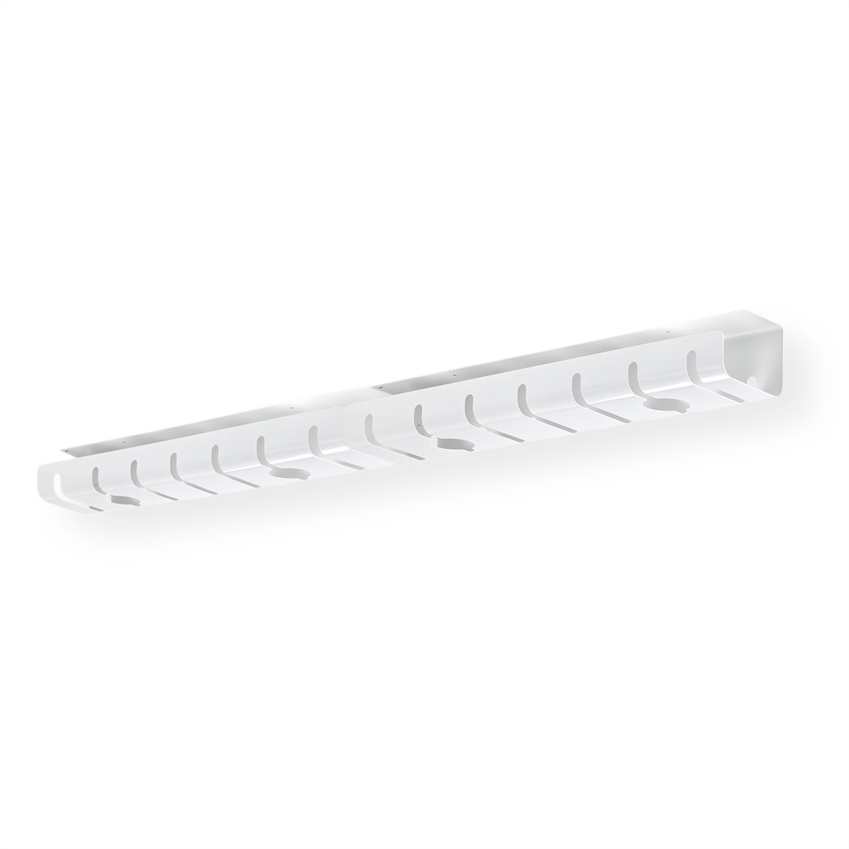 Weißer Kabelorganisator mit mehreren Schlitzen, an einer weißen Wand montiert, schlichtes Design.