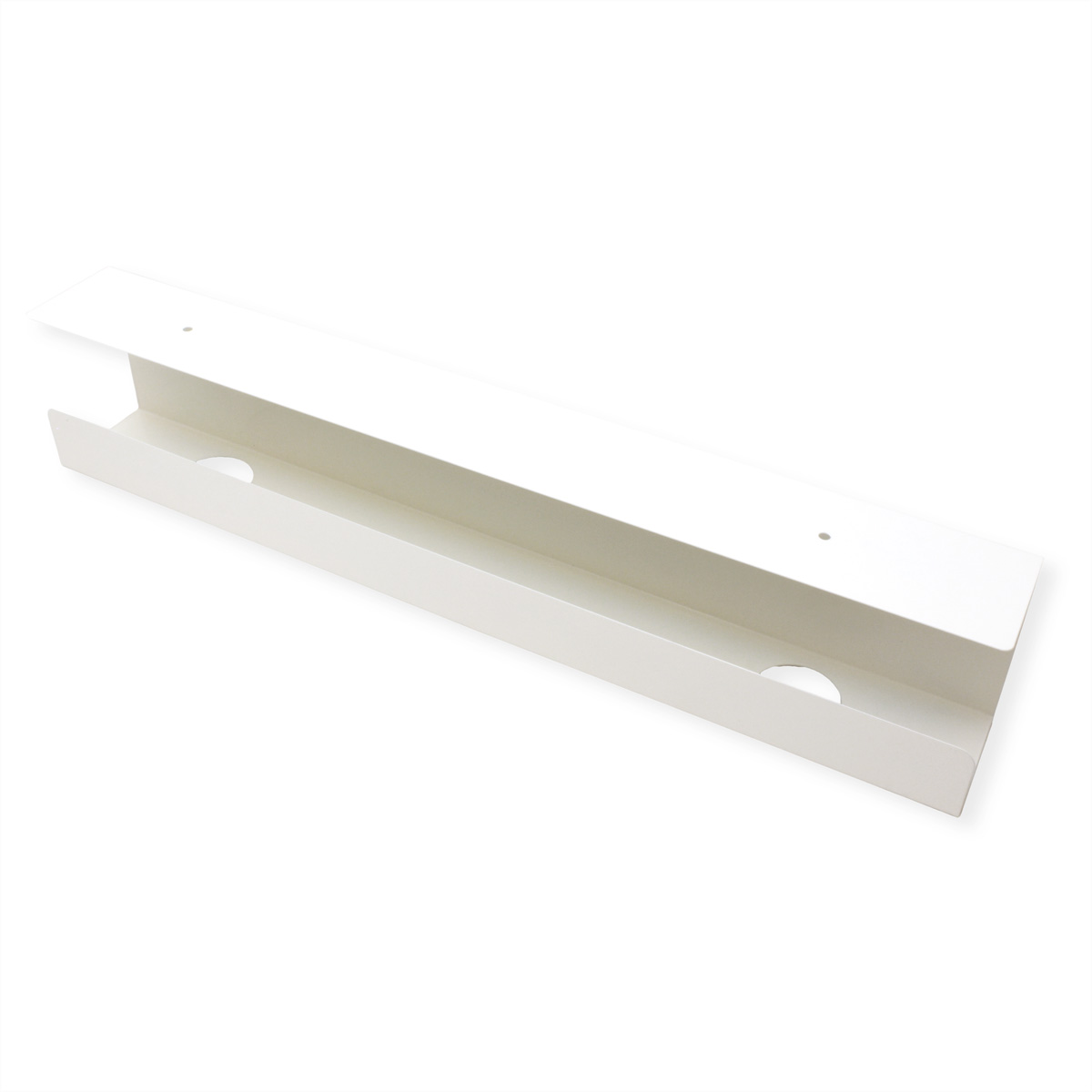 Canalina bianca di forma rettangolare, con fori per viti visibili, su sfondo bianco.