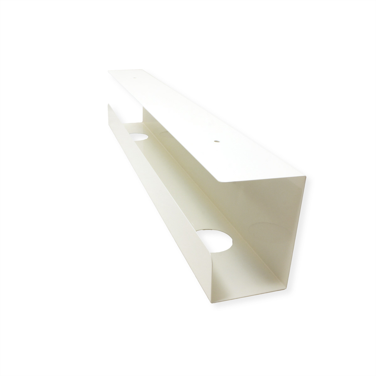 Canalina bianca con una forma curva, con due fori. Sfondo bianco.