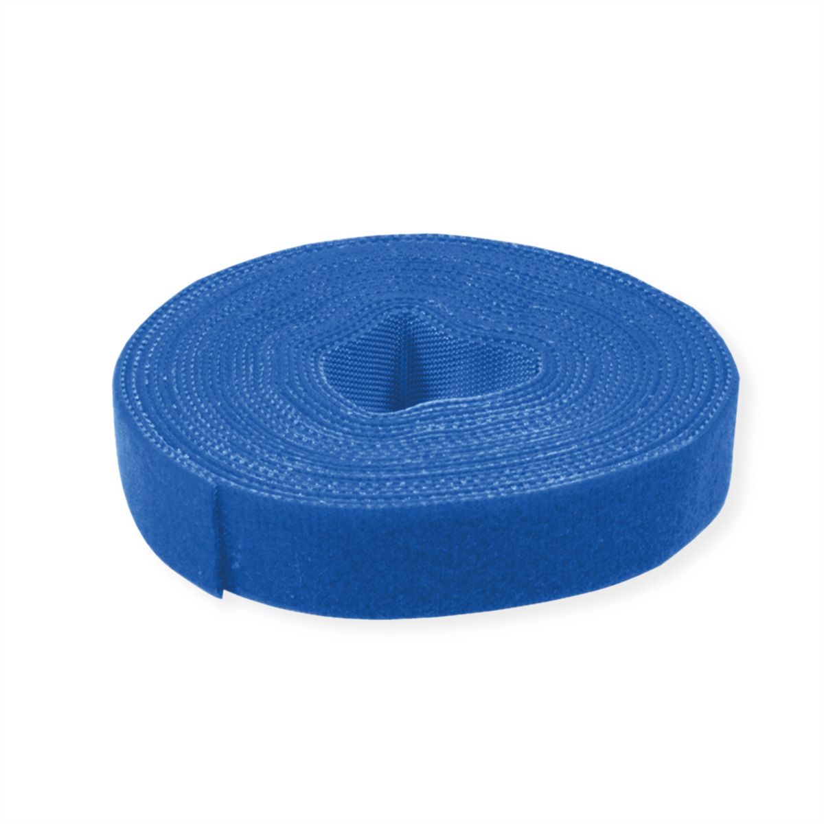 Eine blaue Rolle Klettband, auf einer weißen Oberfläche aufgerollt.