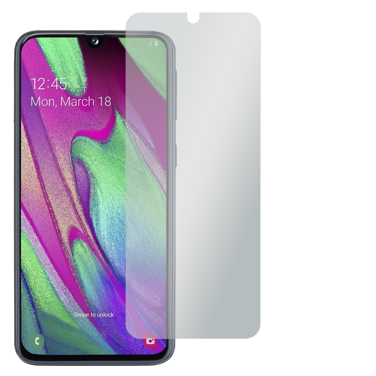 Smartphone mit angebrachter Displayschutzfolie. Der Bildschirm zeigt die Uhrzeit und einen Sperrbildschirm.
