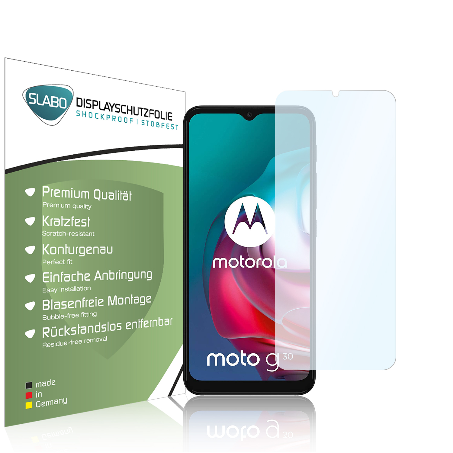 Motorola-Telefon mit aufgebrachter Displayschutzfolie. Verpackung des Protektors ebenfalls vorhanden.