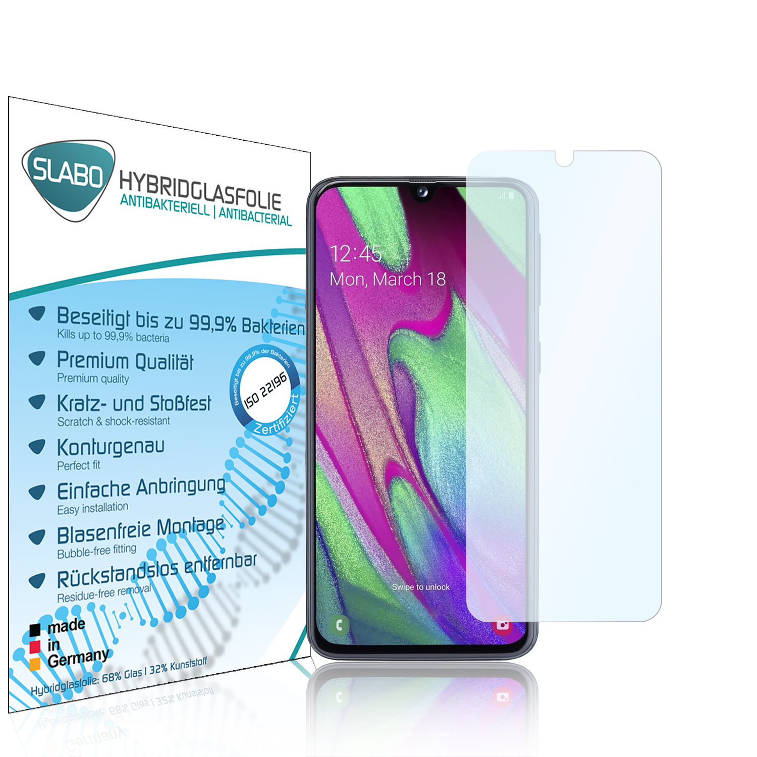 Ein Telefon mit Displayschutzfolie und einem Blatt.